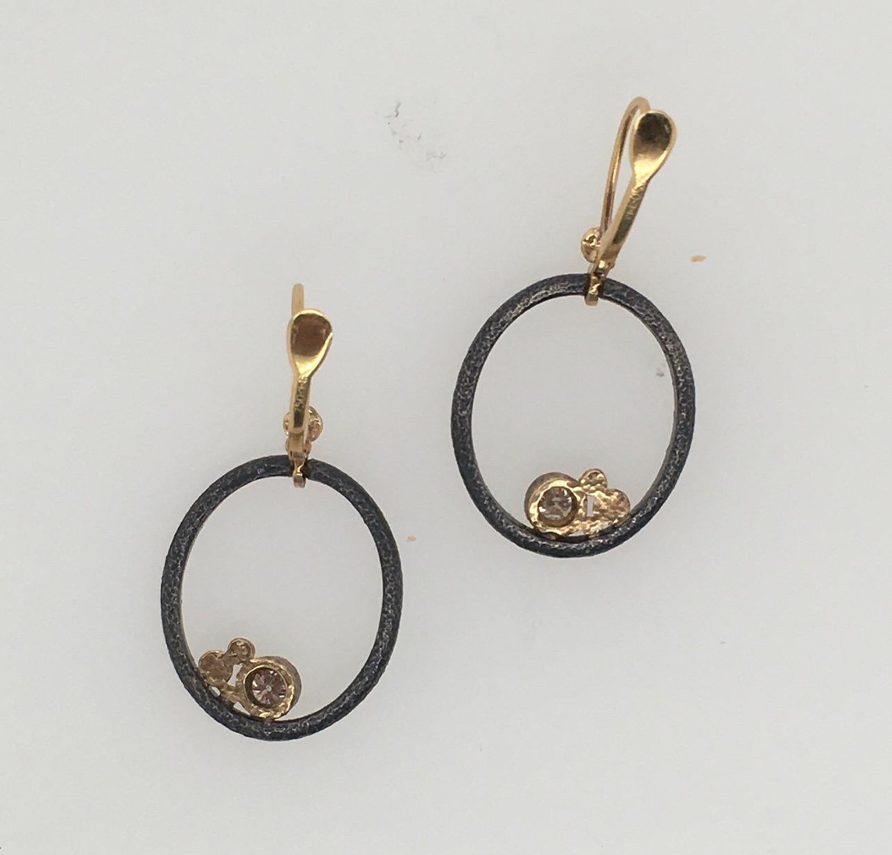 Rona Fisher Oxidized Sterling Silver Oval Open Pierced Earrings with Diamonds For Sale 2