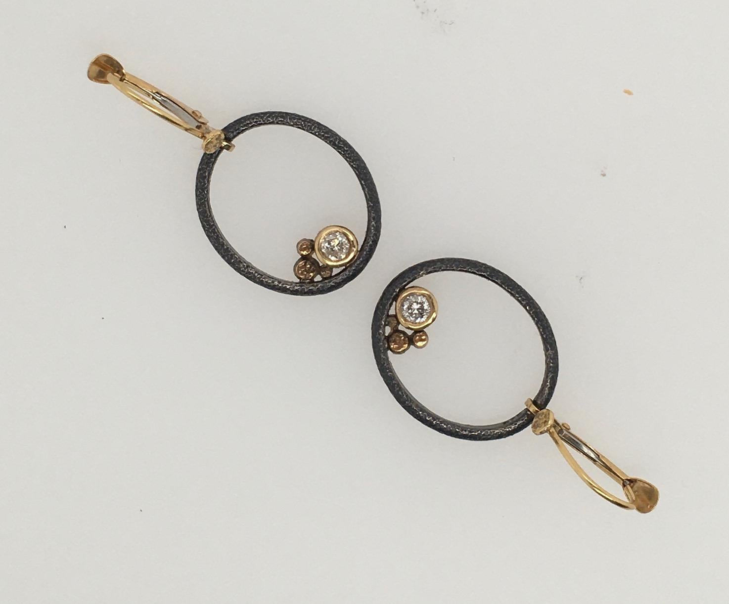 Rona Fisher Oxidized Sterling Silver Oval Open Pierced Earrings with Diamonds For Sale 3