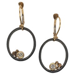 Rona Fisher Oxidized Sterling Silver Oval Open Pierced Earrings with Diamonds