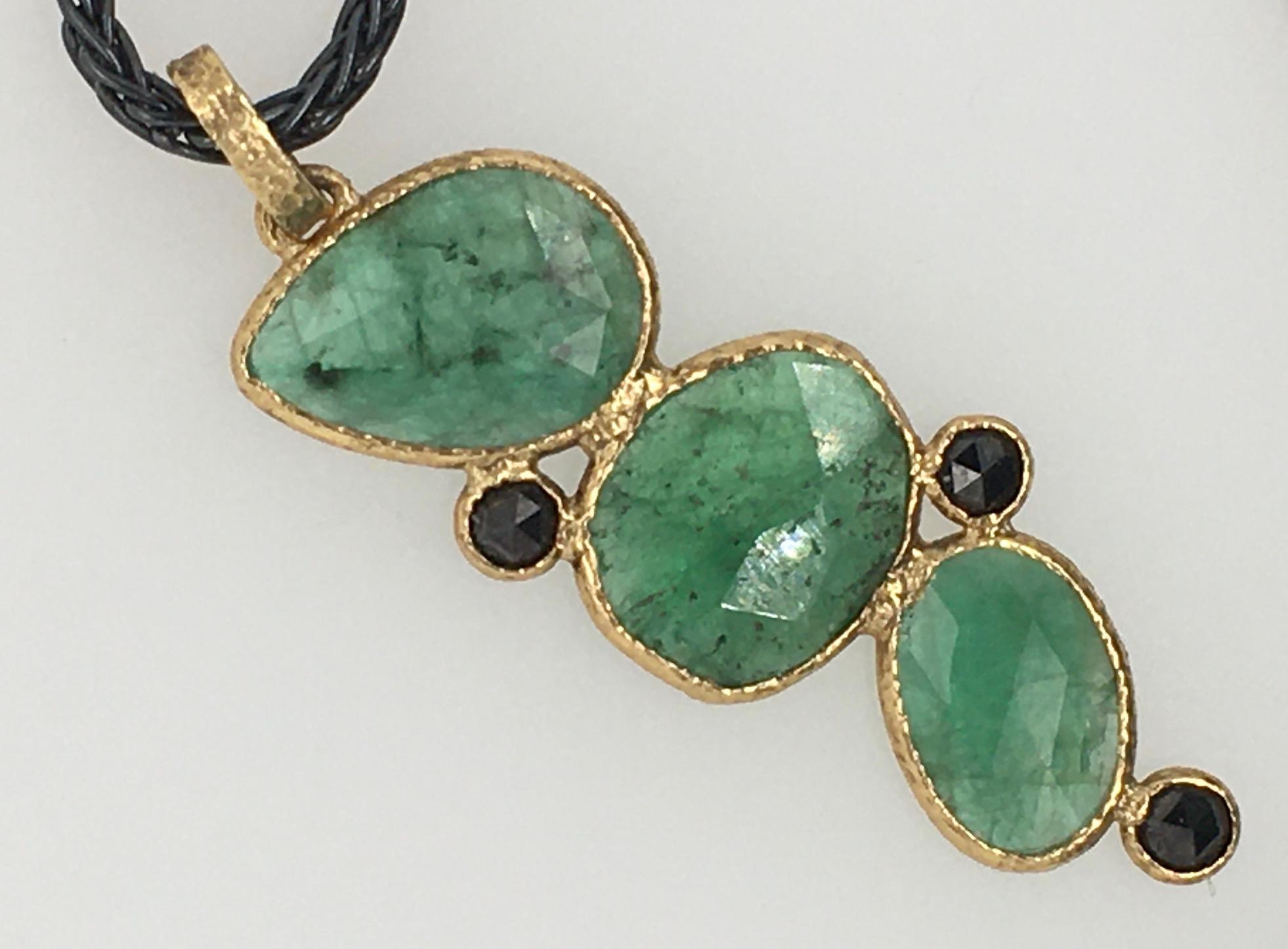 Modern Rona Fisher Pendant; 3 Cascading Faceted Emerald Slices with 3 Diamonds & 18k YG For Sale
