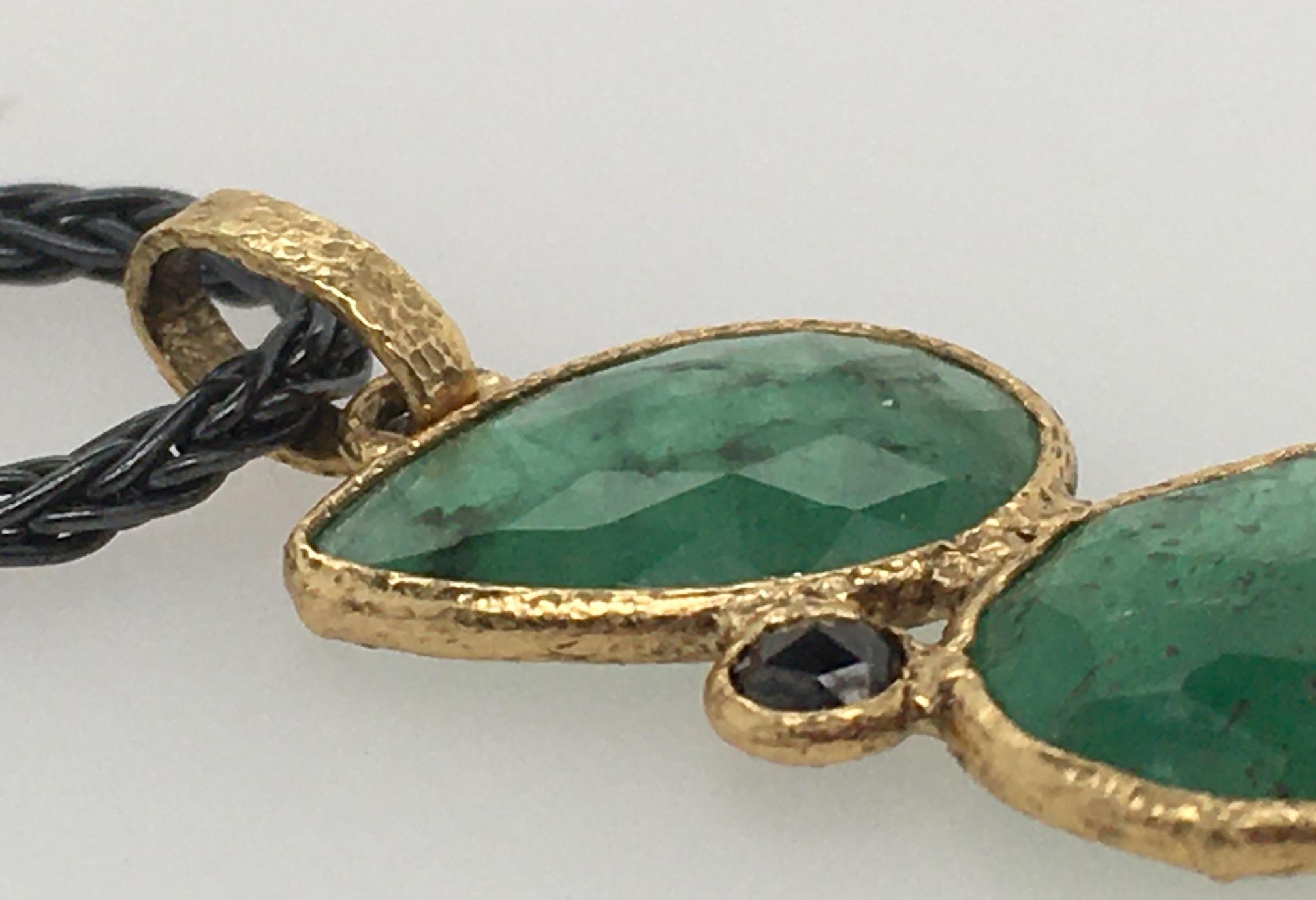 Rose Cut Rona Fisher Pendant; 3 Cascading Faceted Emerald Slices with 3 Diamonds & 18k YG For Sale