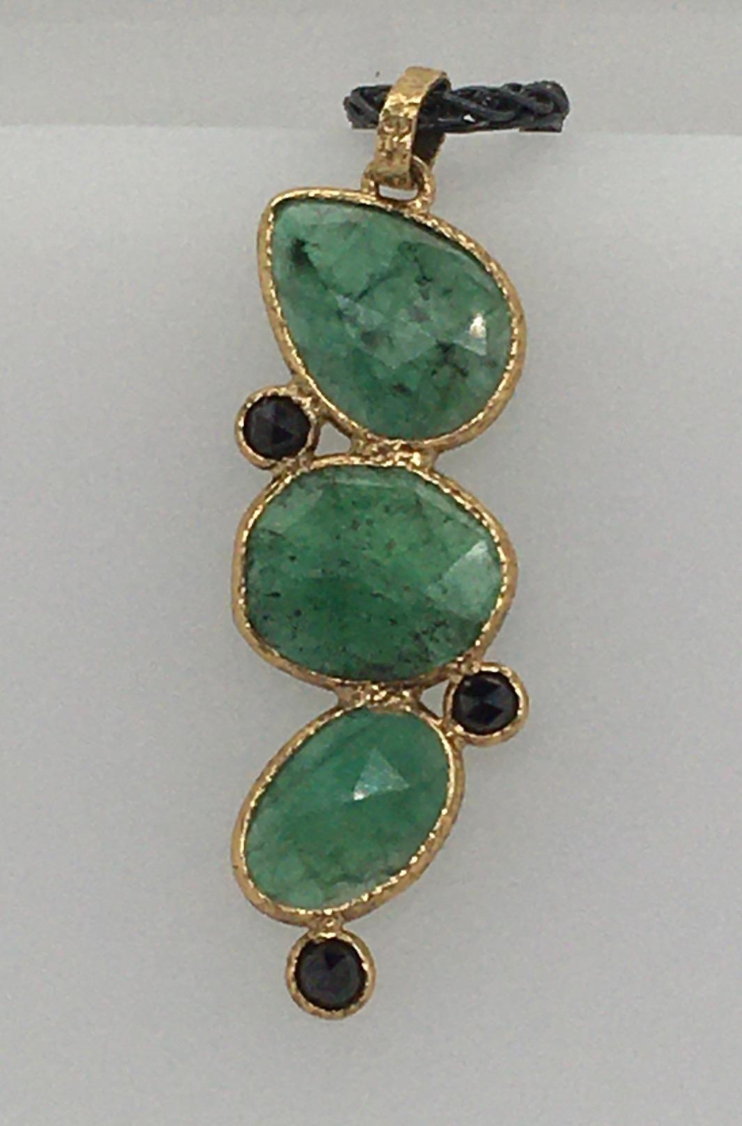 Rona Fisher Pendant; 3 Cascading Faceted Emerald Slices with 3 Diamonds & 18k YG In New Condition For Sale In Kennebunkport, ME
