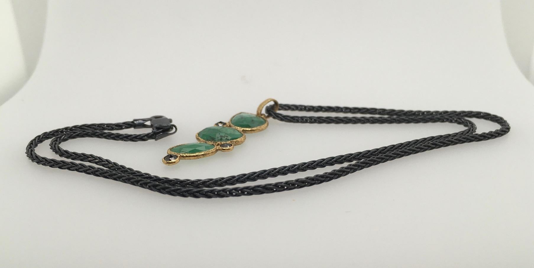 Women's Rona Fisher Pendant; 3 Cascading Faceted Emerald Slices with 3 Diamonds & 18k YG For Sale