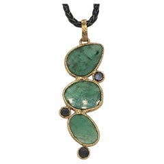 Rona Fisher Pendant; 3 Cascading Faceted Emerald Slices with 3 Diamonds & 18k YG