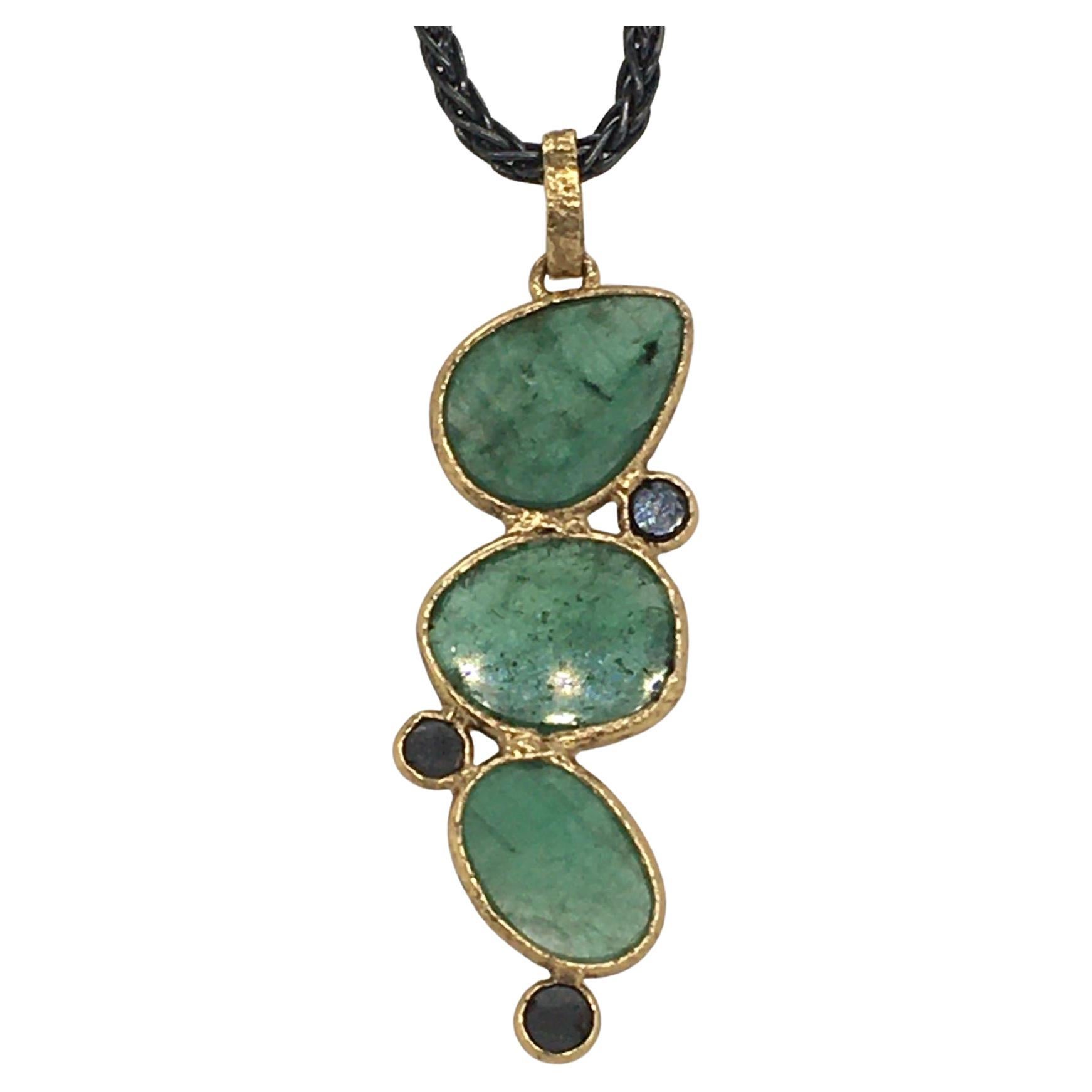 Rona Fisher Pendant, Cascading Emerald & Black Diamond with 18k Yellow Gold For Sale
