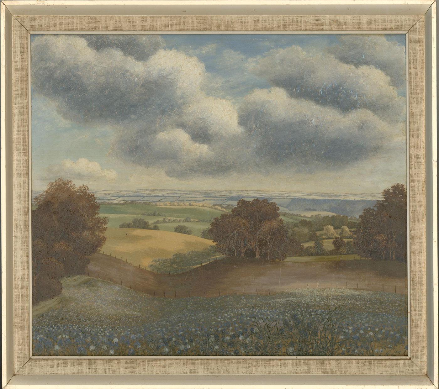 A fine and charming oil painting by the artist Ronald A. Broad. The scene depicts a landscape view in Ashmansworth, North Hampshire. There is a label to the reverse with additional details, including artist's name and date. Presented in an off white