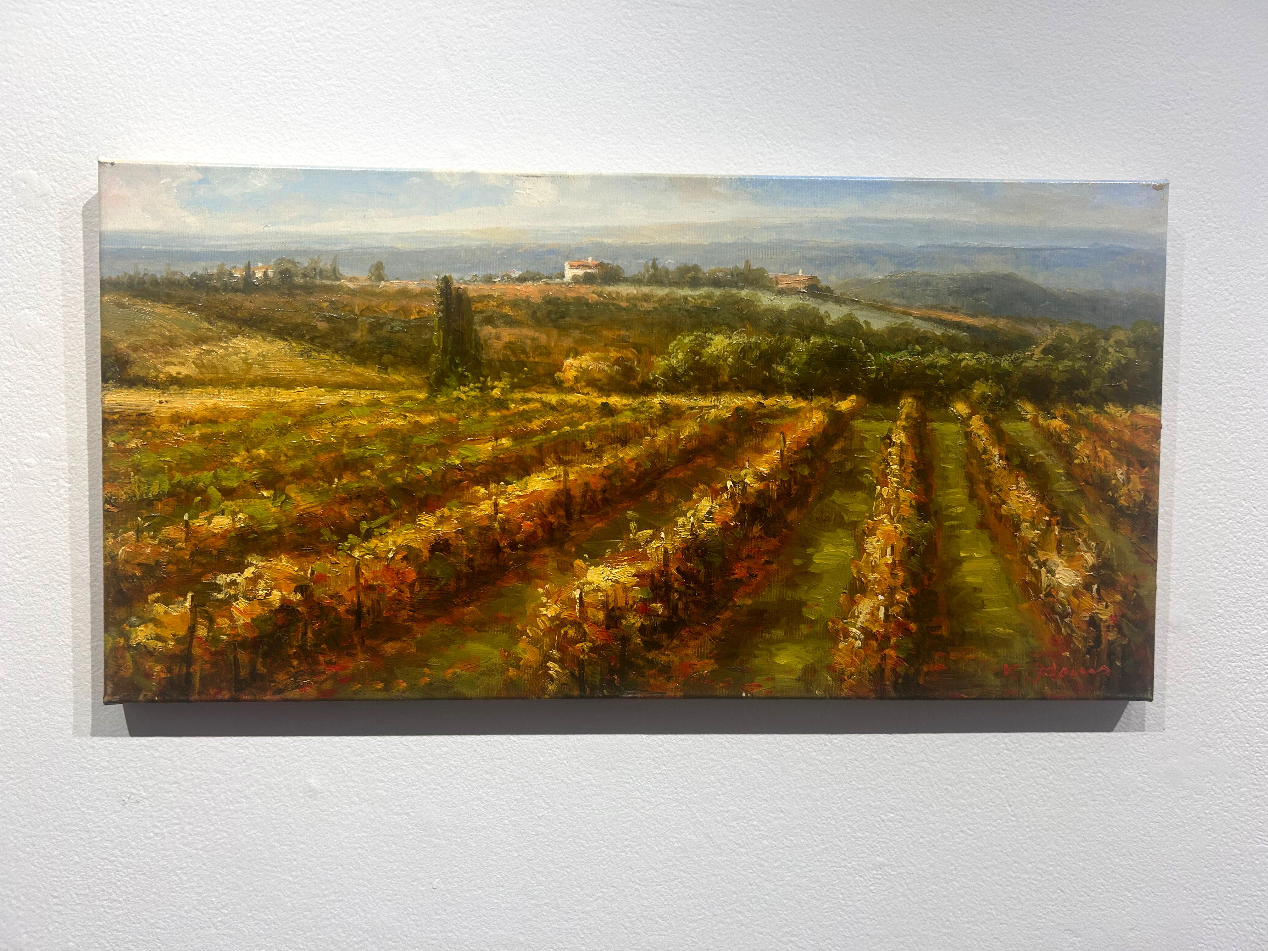 Ronald Adams, „Sommerabend“, 12x24 toskanische Landschaft, Ölgemälde auf Leinwand im Angebot 1