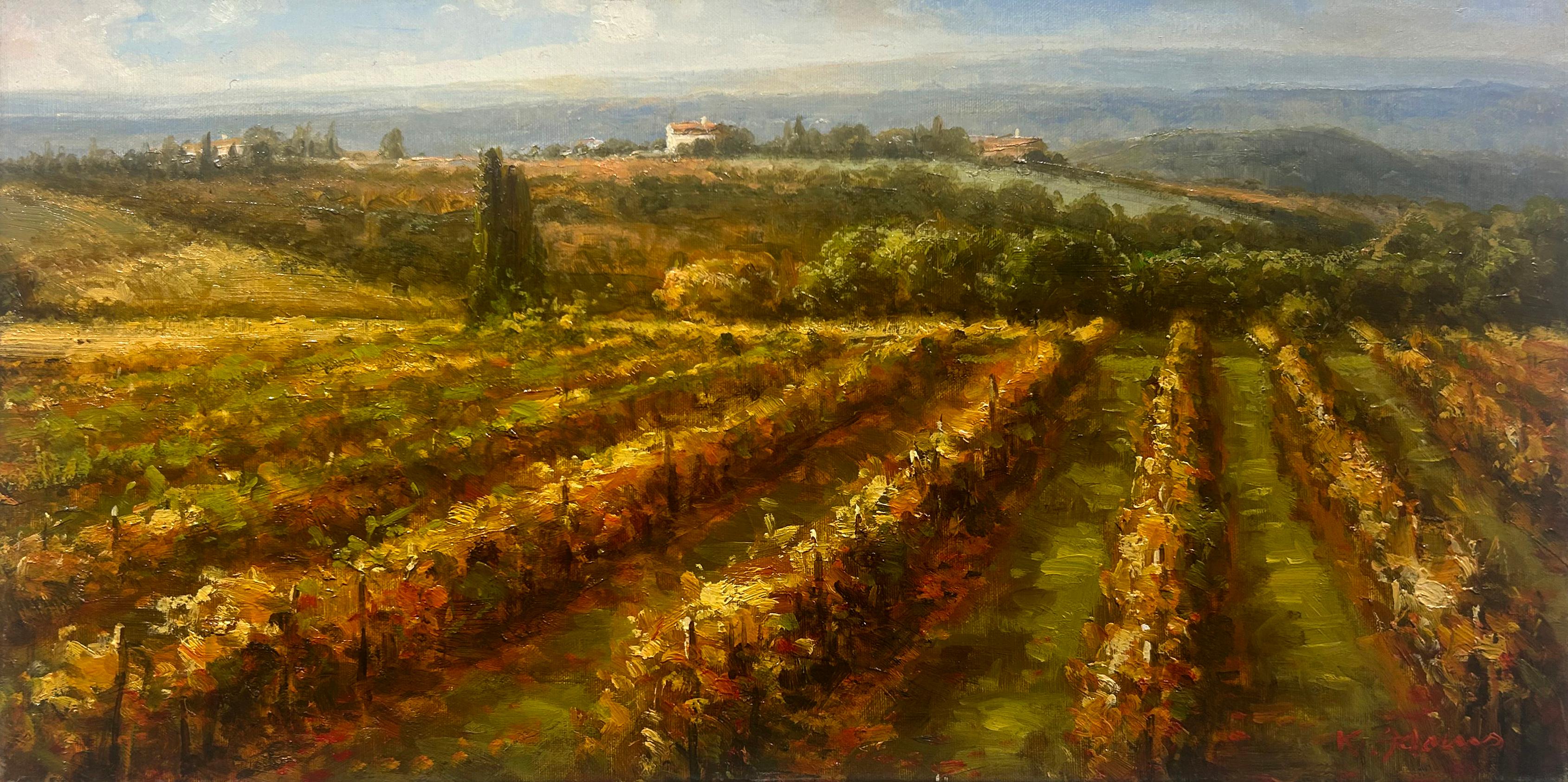 "Summer Evening" 12x24 is an oil painting on canvas by artist Ronald Adams. Featured is a peaceful and warm tuscan landscape. Thick and skillful brushstrokes carve out rows of grapevines to illustrate a rolling vineyard. Rows of tree bisect the