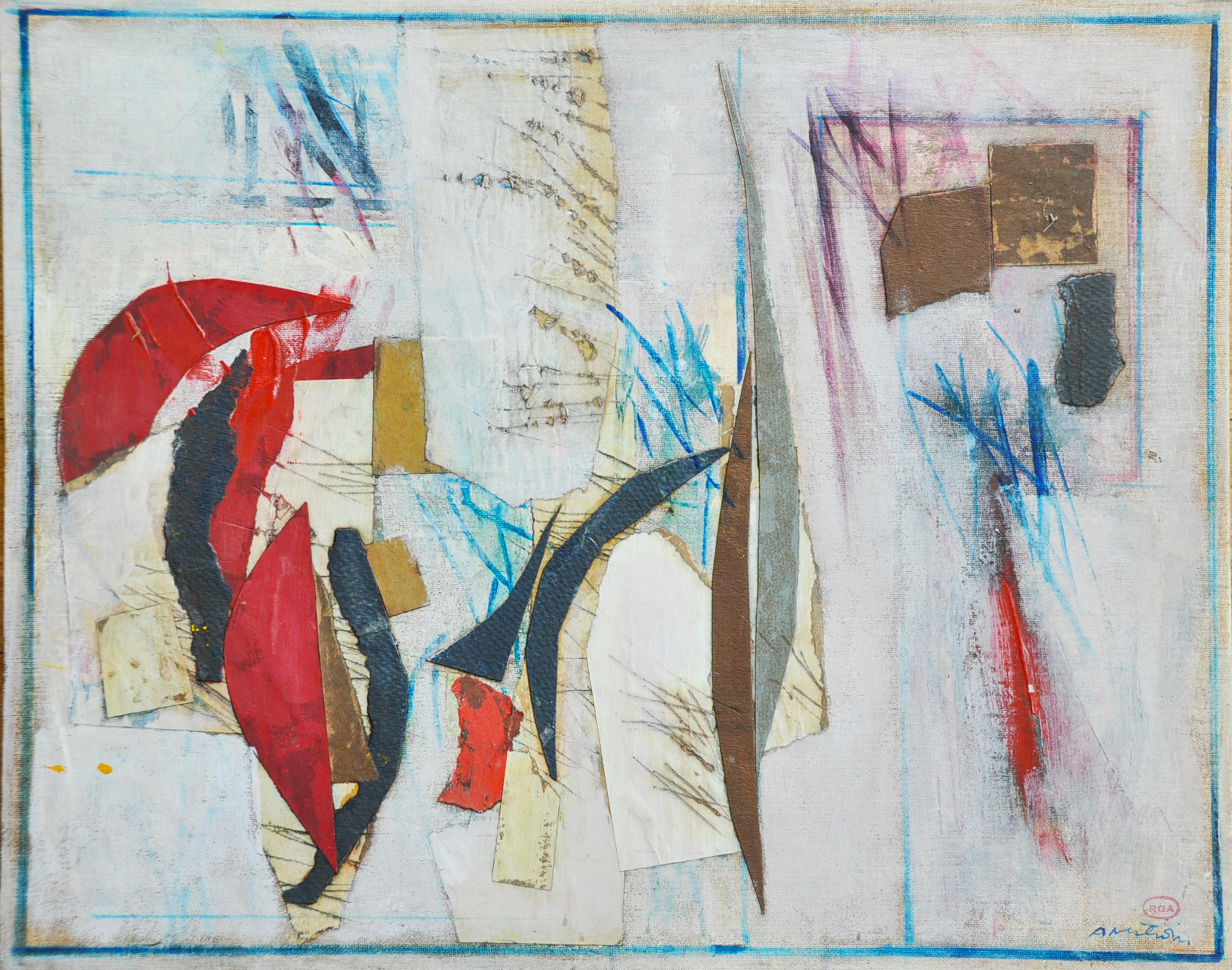 "Untitled Collage" des amerikanischen Künstlers Ronald Ahlstrom (1922 - 2012) ist eine abstrakte Collage aus gemischten Medien auf Leinwand, die irgendwann in den 70er Jahren entstand. Das abstrakte Werk besteht aus mehreren nebeneinanderliegenden