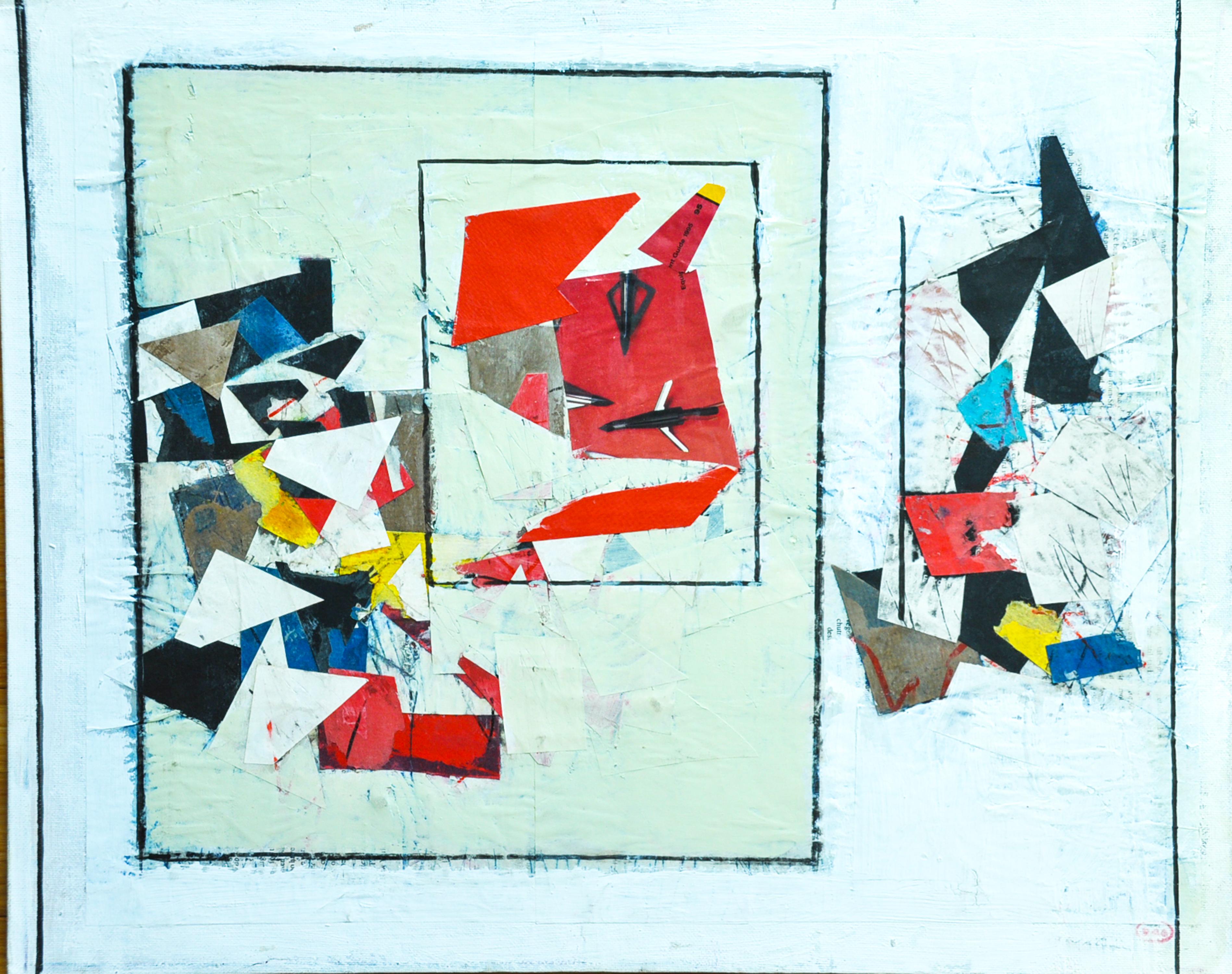 "Untitled Collage" des amerikanischen Künstlers Ronald Ahlstrom (1922 - 2012) ist eine abstrakte Collage aus verschiedenen Medien auf Leinwand, die irgendwann in den 70er Jahren entstand. Es handelt sich um ein geometrisches Werk mit mehreren