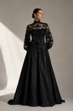 Ronald Amey 1970s Vintage Black Lace Taffeta Evening Gown Couture Rare