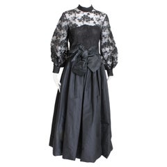 Ronald Amey 1970s Vintage Black Lace Taffeta Evening Gown Couture Rare
