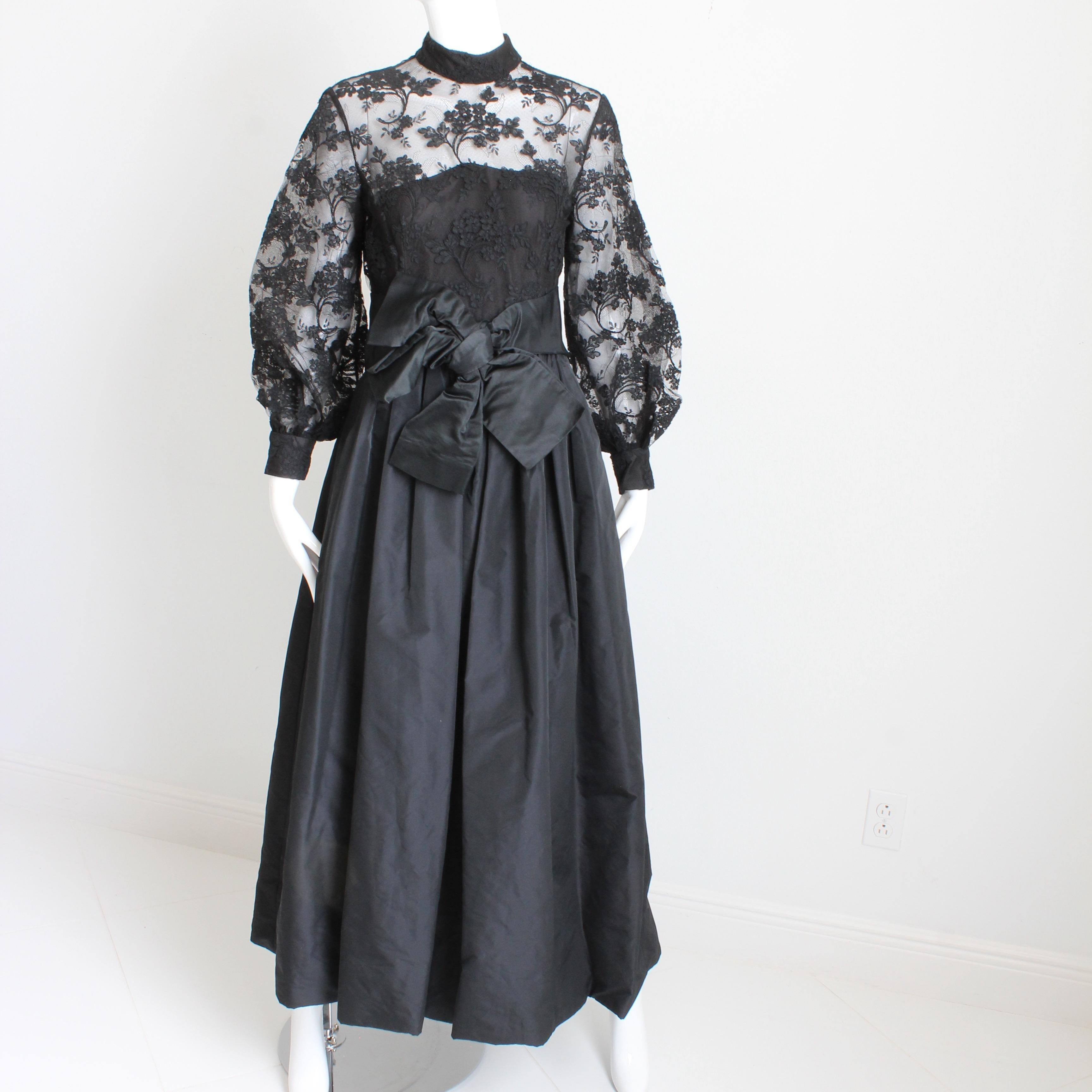 Women's Ronald Amey Evening Gown Black Lace and Silk Taffeta Formal Dress Vintage 70s  For Sale