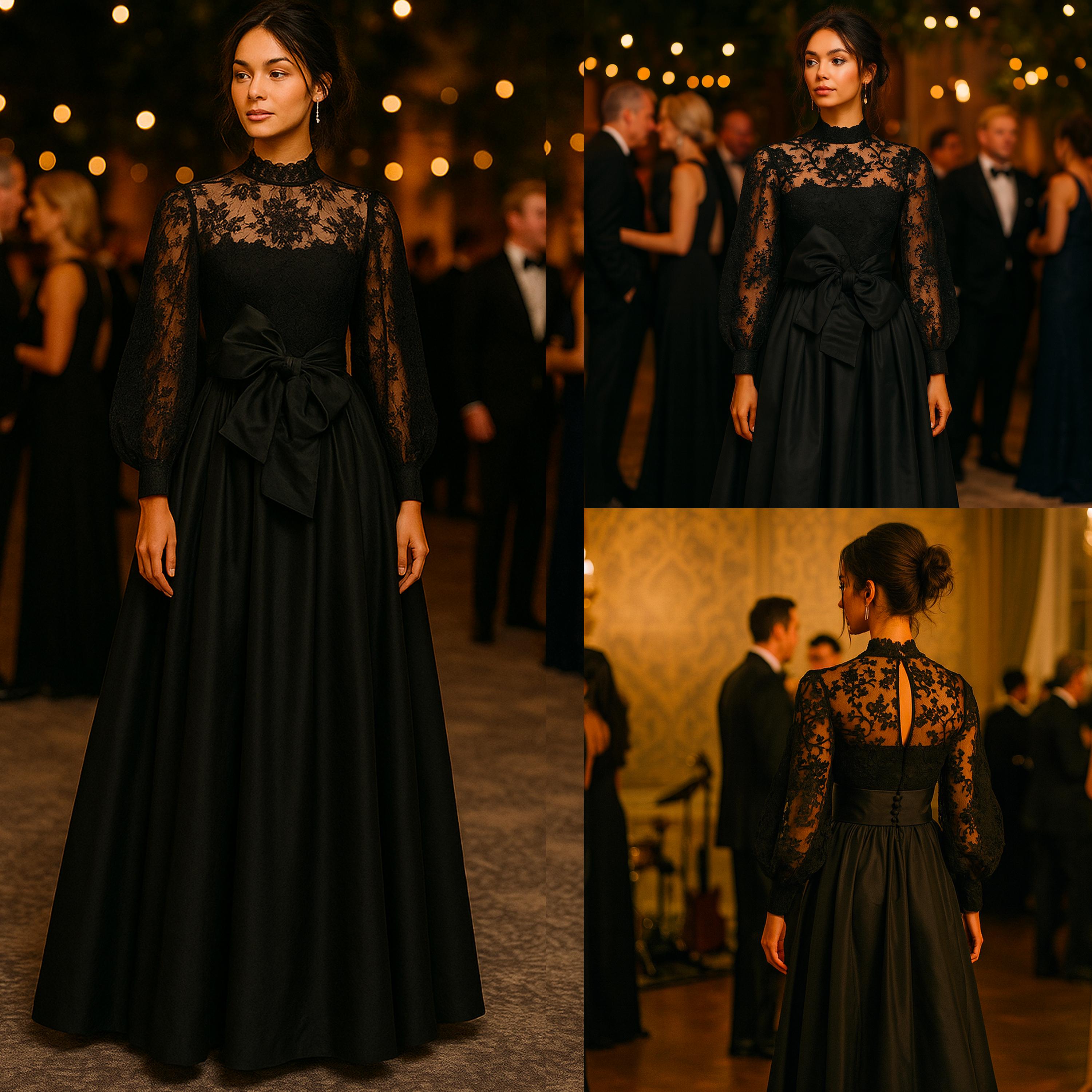 Ronald Amey Evening Gown Robe de soirée en dentelle noire et taffetas de soie Vintage 70s Bon état - En vente à Port Saint Lucie, FL