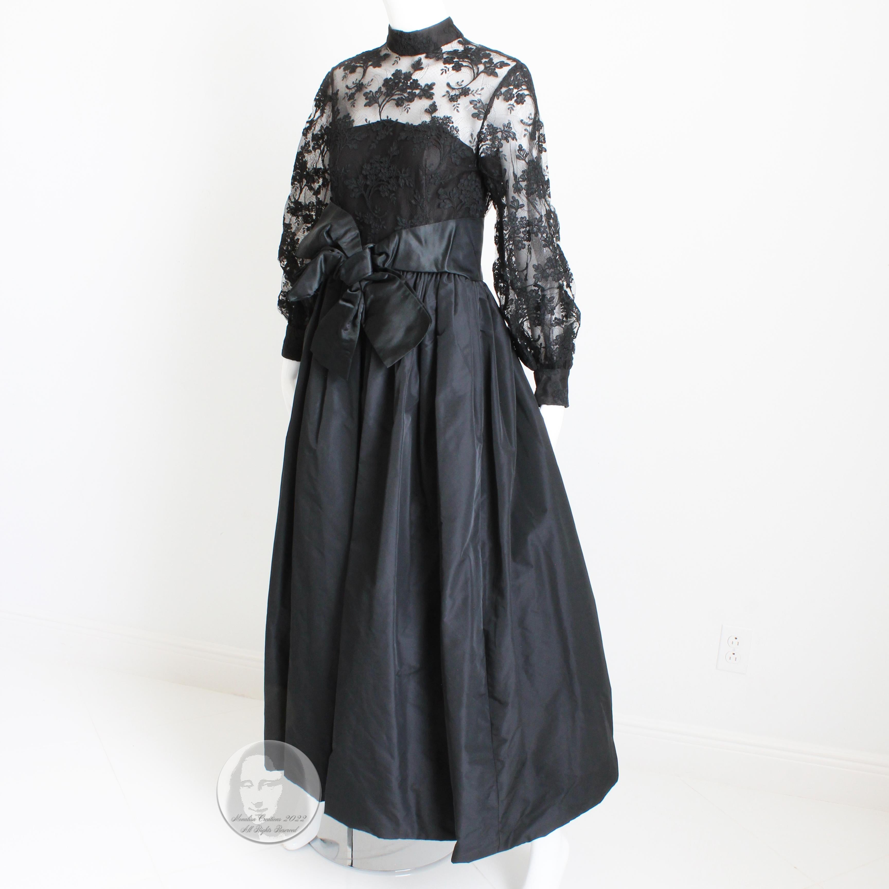 Women's Ronald Amey Evening Gown Black Lace and Silk Taffeta Formal Dress Vintage 70s 