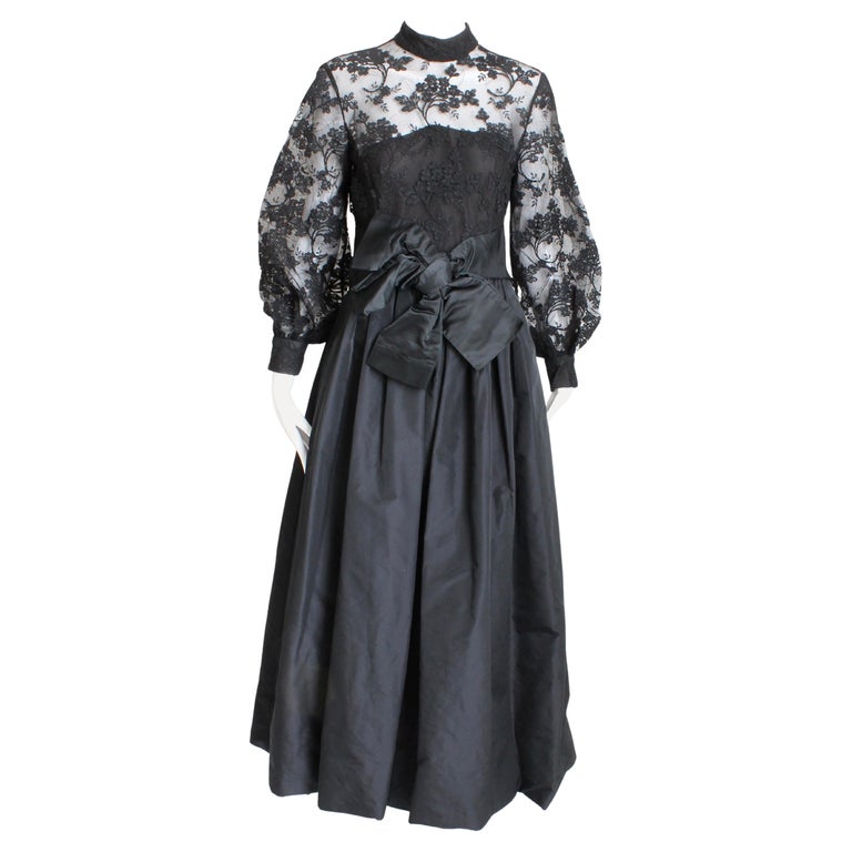 chinese dress ladies Vintage Sheath Black Lace Long Prom Dresses with Trumpet Sleeves, Black / M
