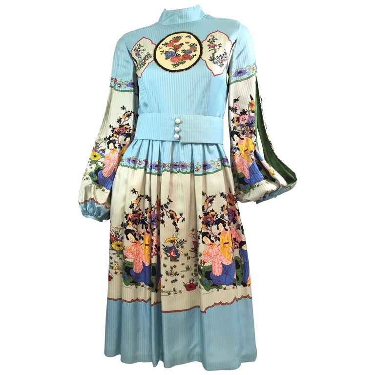 Ronald Amey Japanese Print Silk Dress with Pearl Buttons at 1stDibs