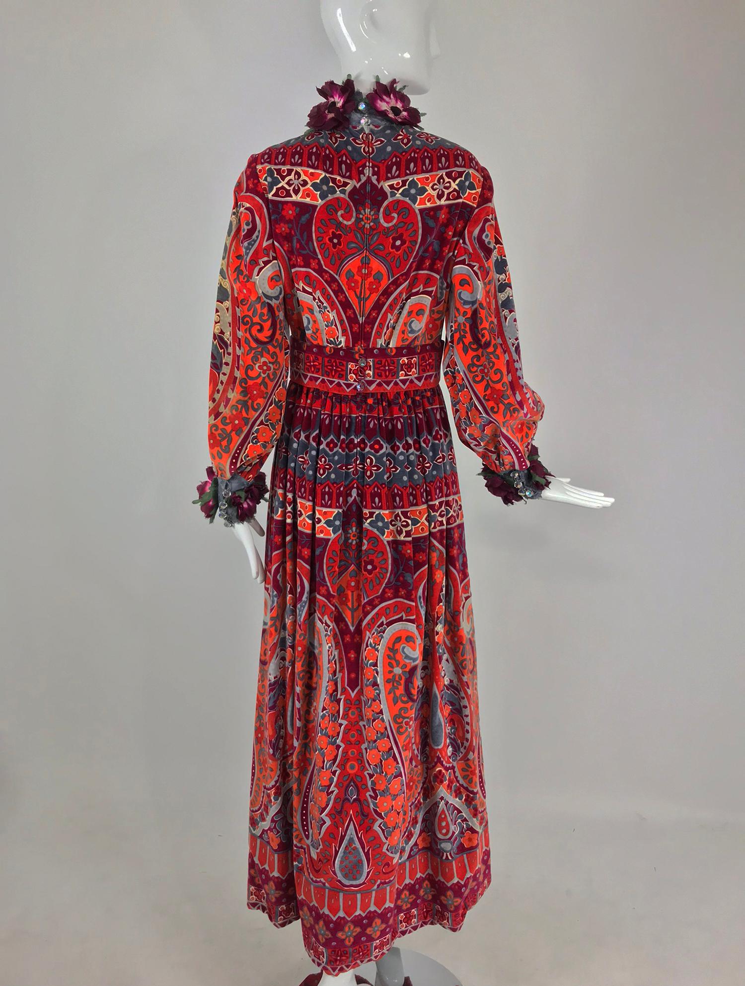 Ronald Amey Velvet print floral trim maxi dress 1970s 4