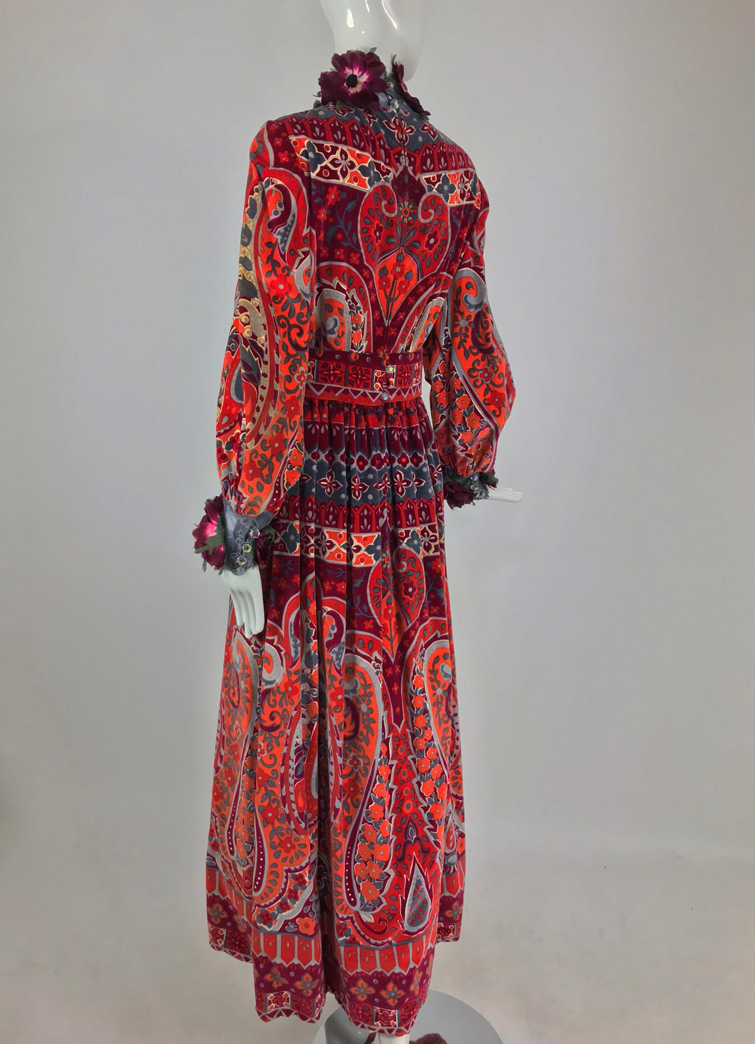 Ronald Amey Velvet print floral trim maxi dress 1970s 5