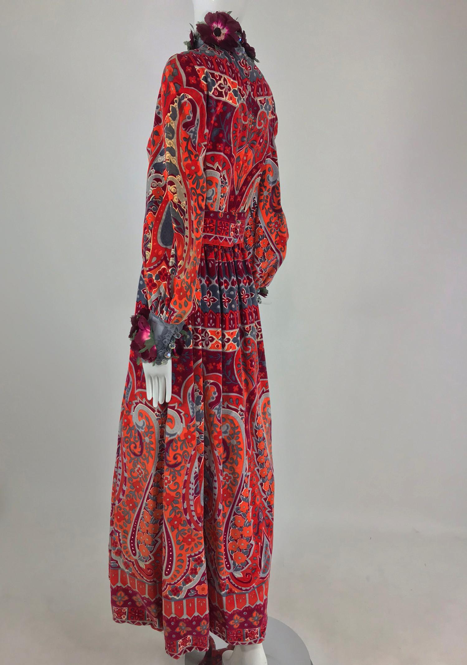 Ronald Amey Velvet print floral trim maxi dress 1970s 6
