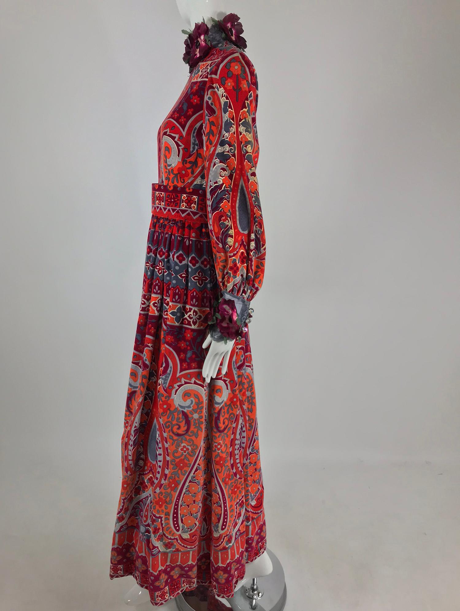 Ronald Amey Velvet print floral trim maxi dress 1970s 7