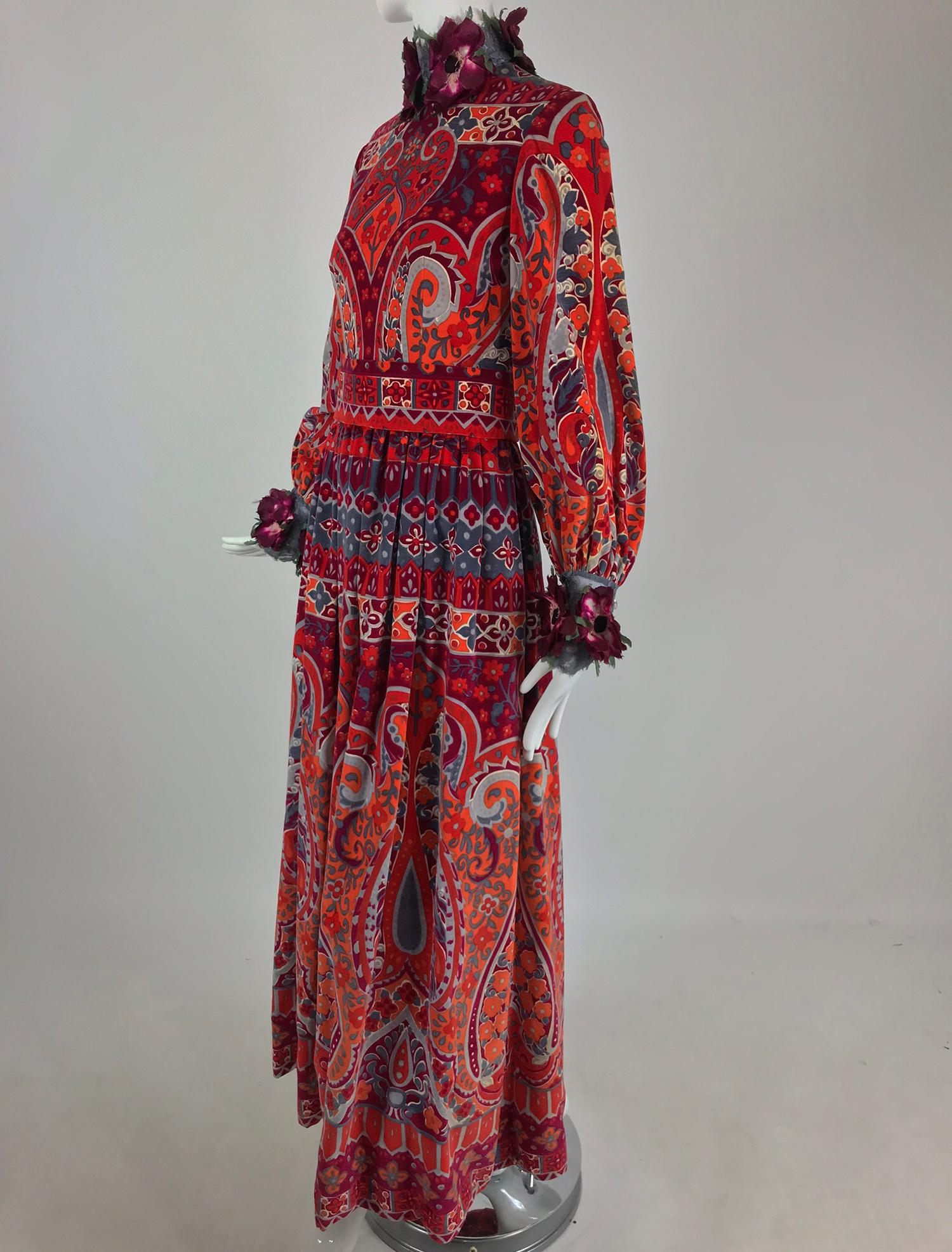 Ronald Amey Velvet print floral trim maxi dress 1970s 8