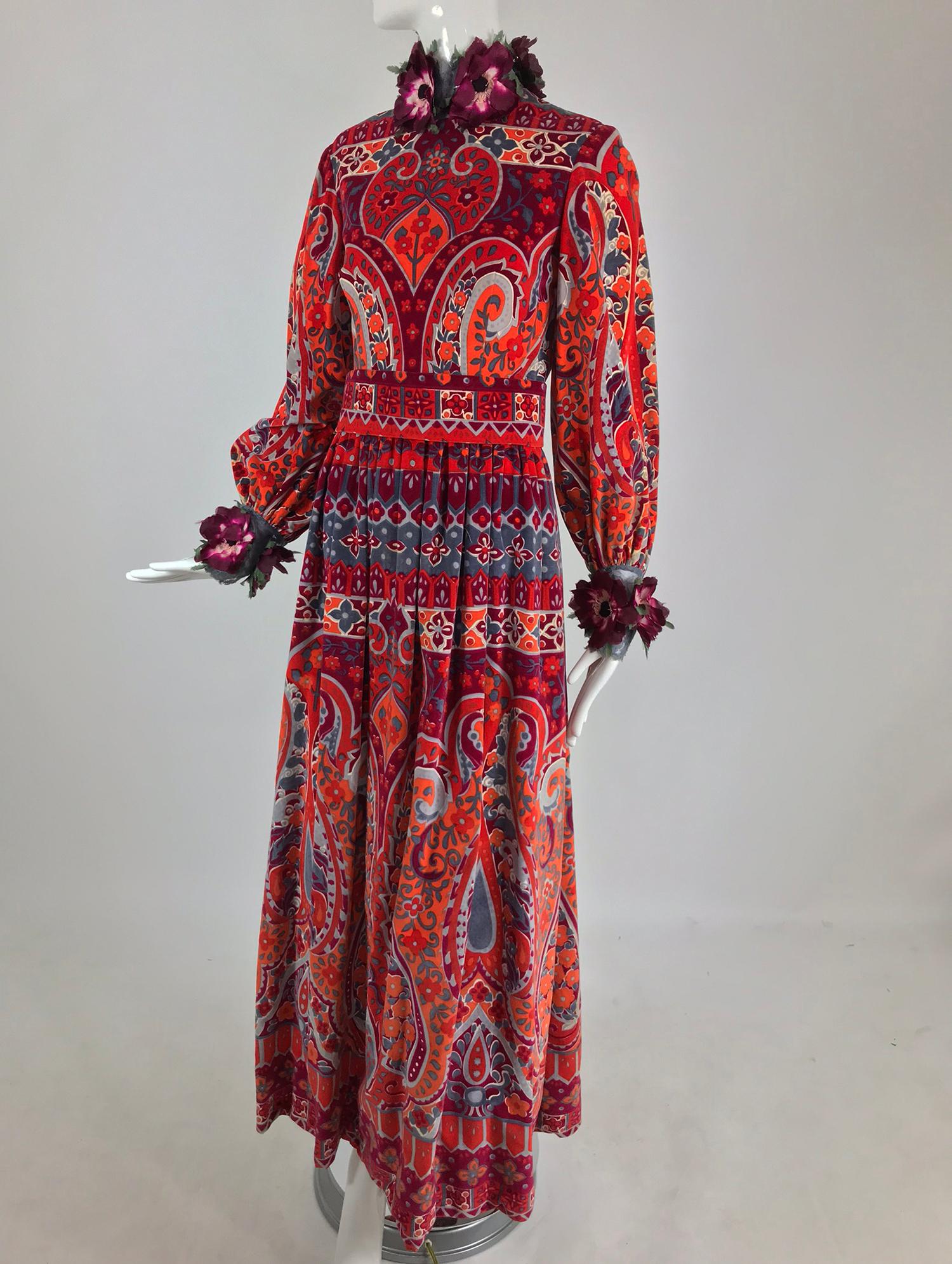 Ronald Amey Velvet print floral trim maxi dress 1970s 9