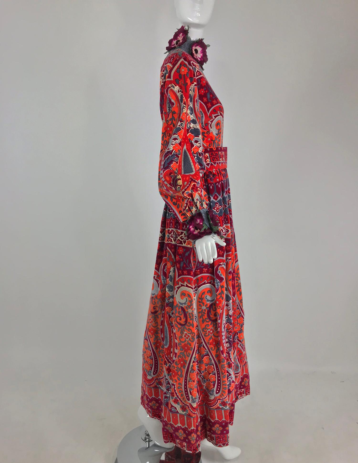 Ronald Amey Velvet print floral trim maxi dress 1970s 2