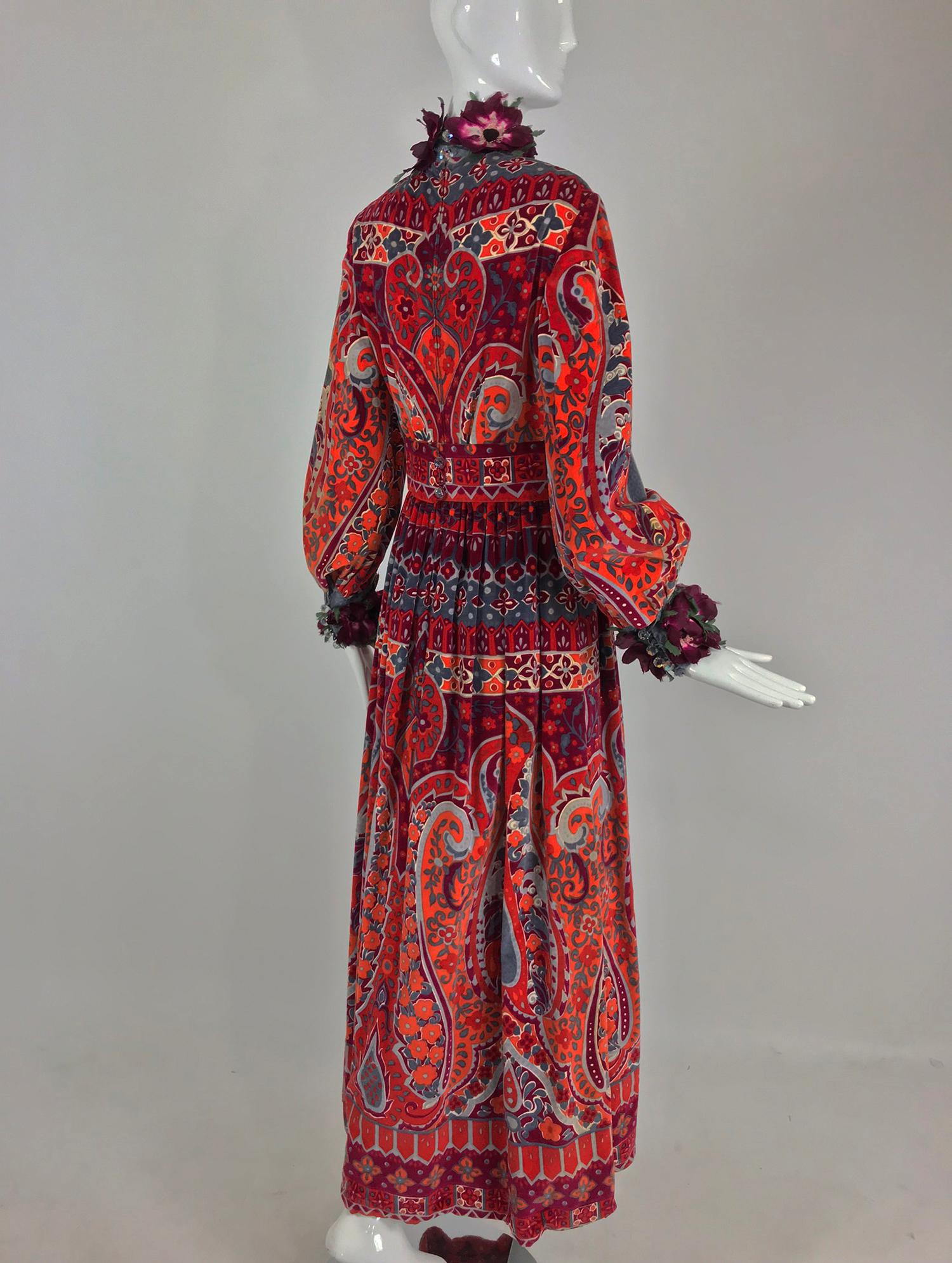 Ronald Amey Velvet print floral trim maxi dress 1970s 3