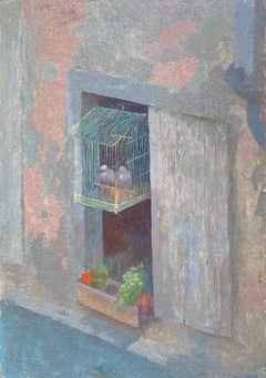 La jaula de los pájaros, Pintura al óleo británica del siglo XX, Tema Naturaleza muerta animal