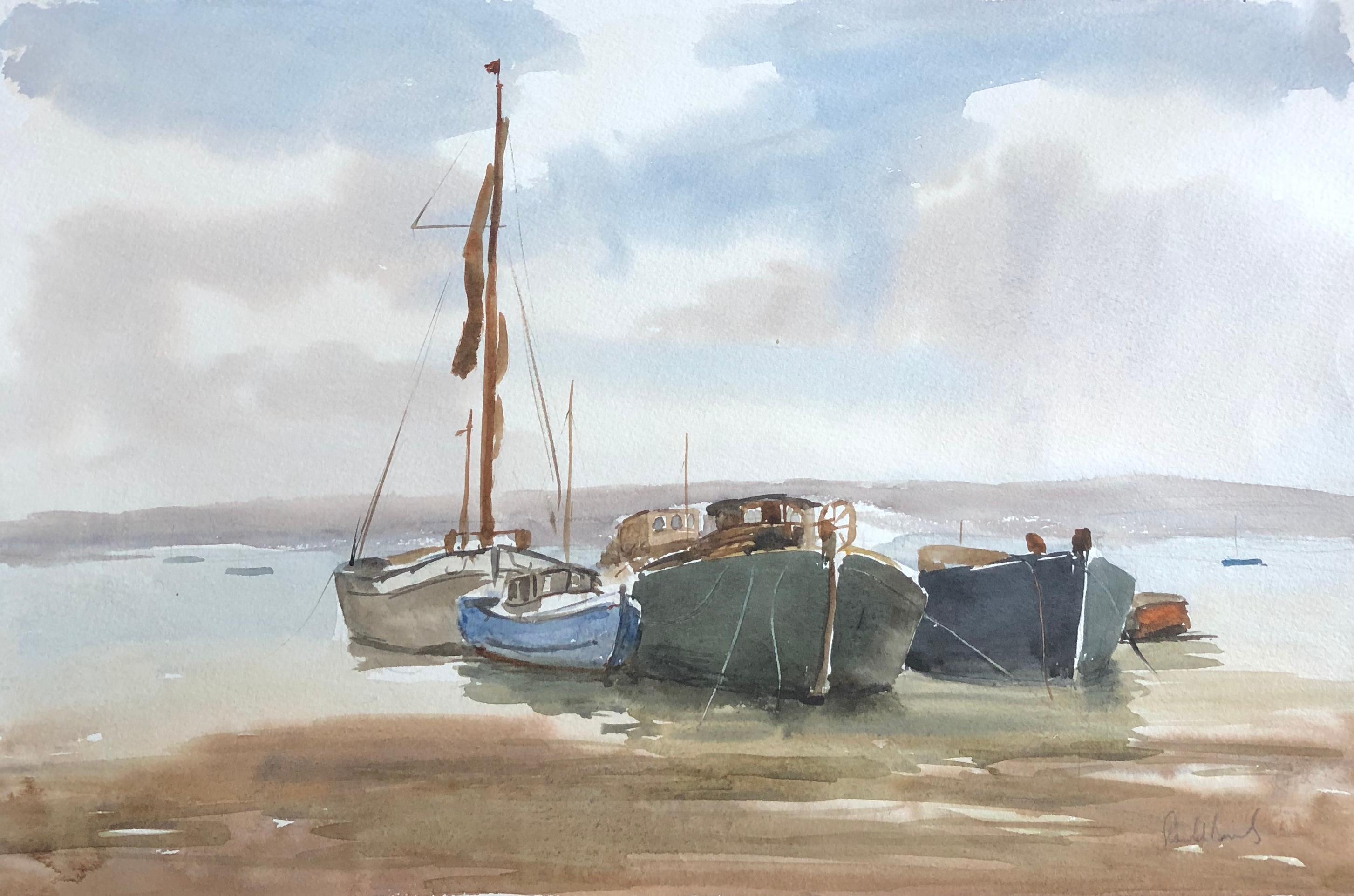 Ronald Birch Landscape Painting - Boats in Harbour, signed original British watercolour painting