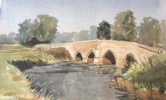 Vintage Bridge over the Avon, Lacock, signed original British watercolour painting