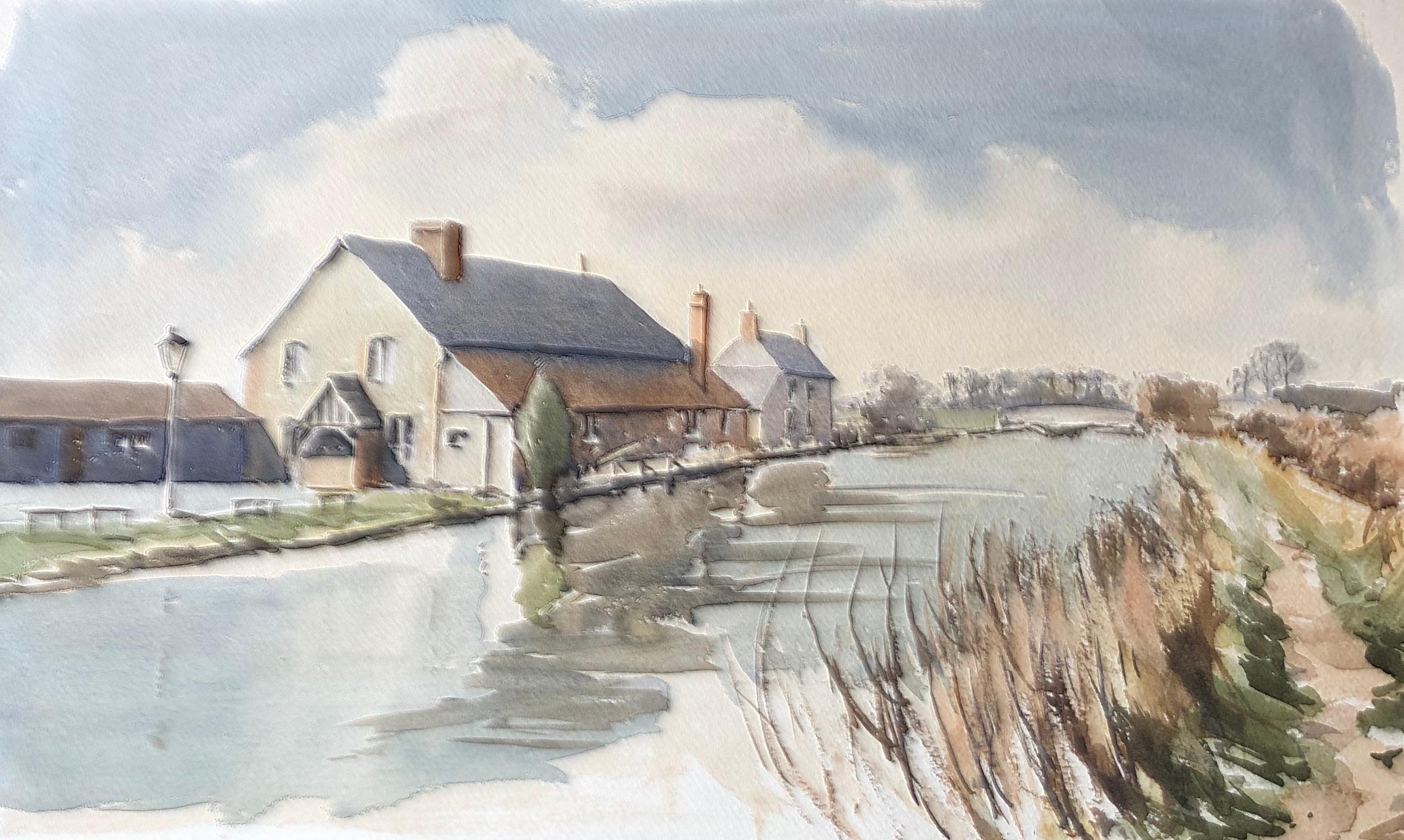 Ronald Birch Landscape Painting - Canal scene with Houses, original British watercolour painting
