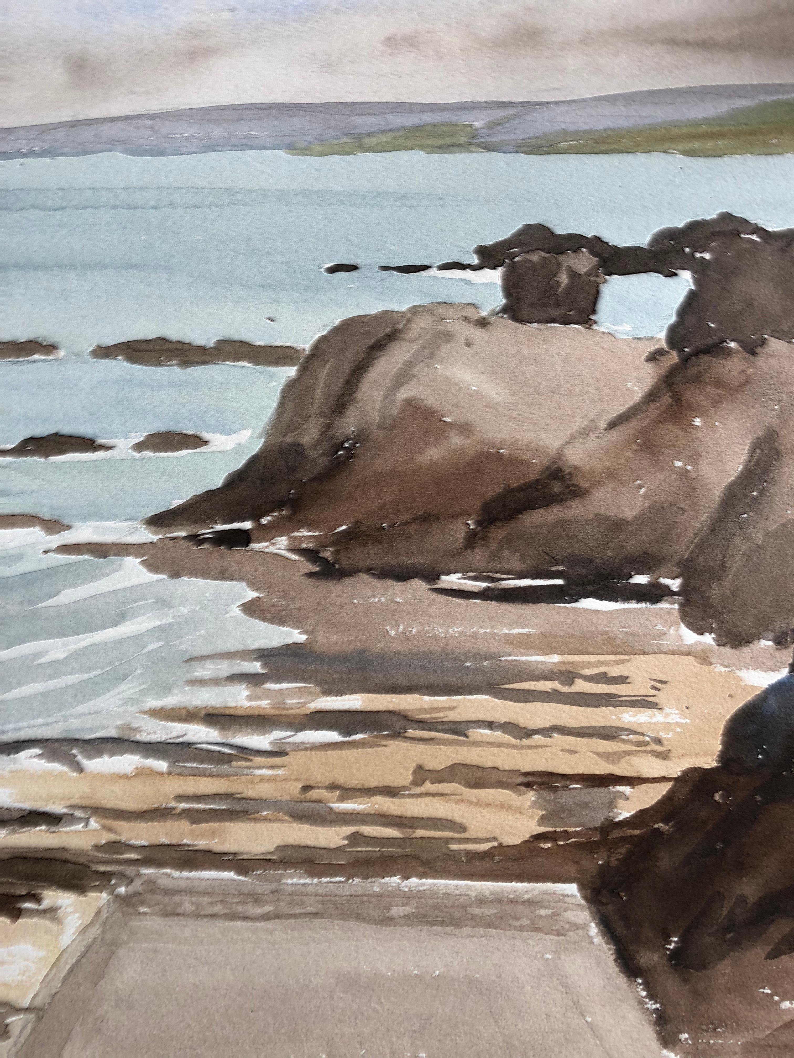 Coastal scene, original British watercolour painting - Painting by Ronald Birch