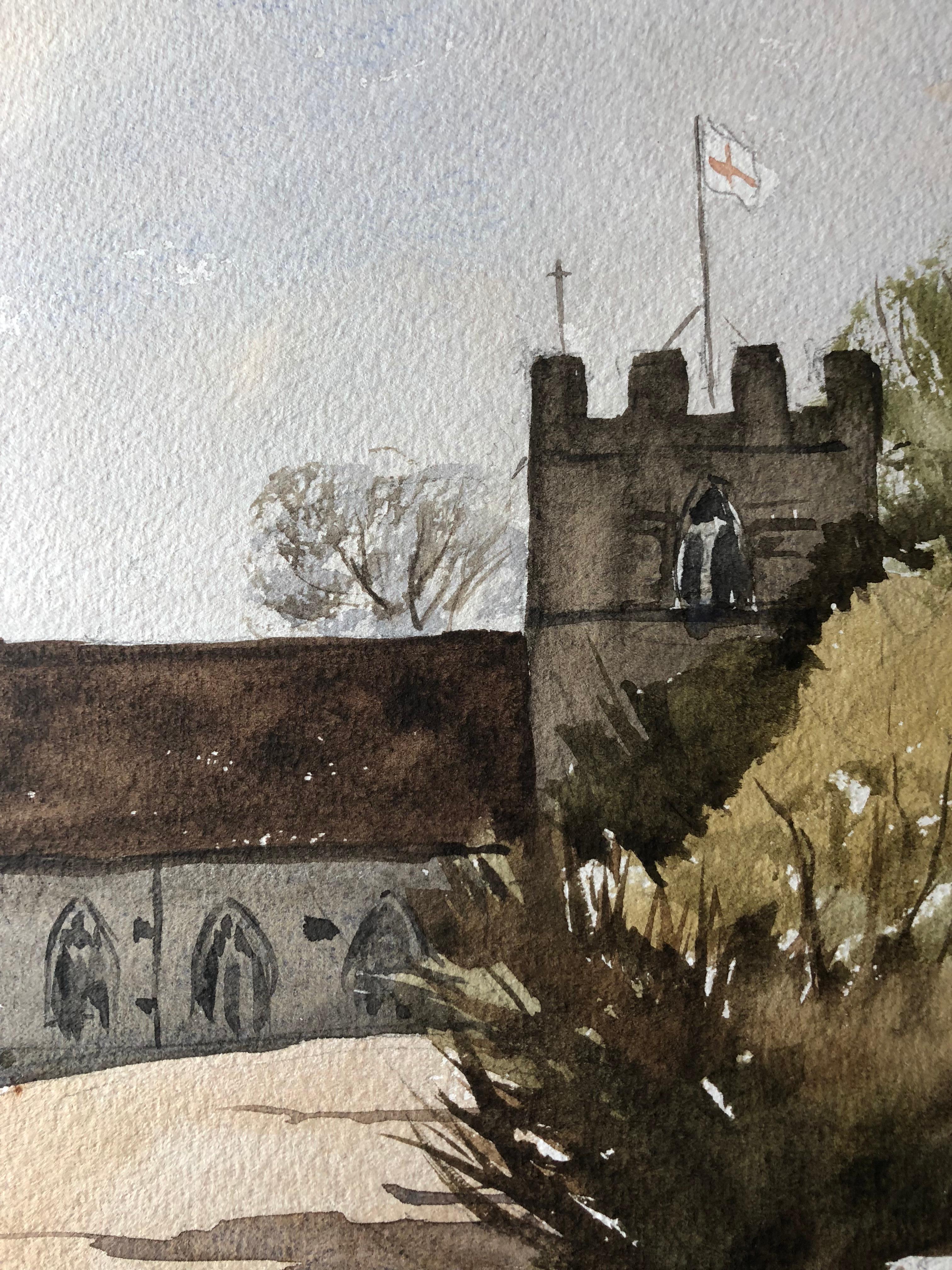Dinton Church, peinture à l'aquarelle britannique originale - Beige Landscape Painting par Ronald Birch