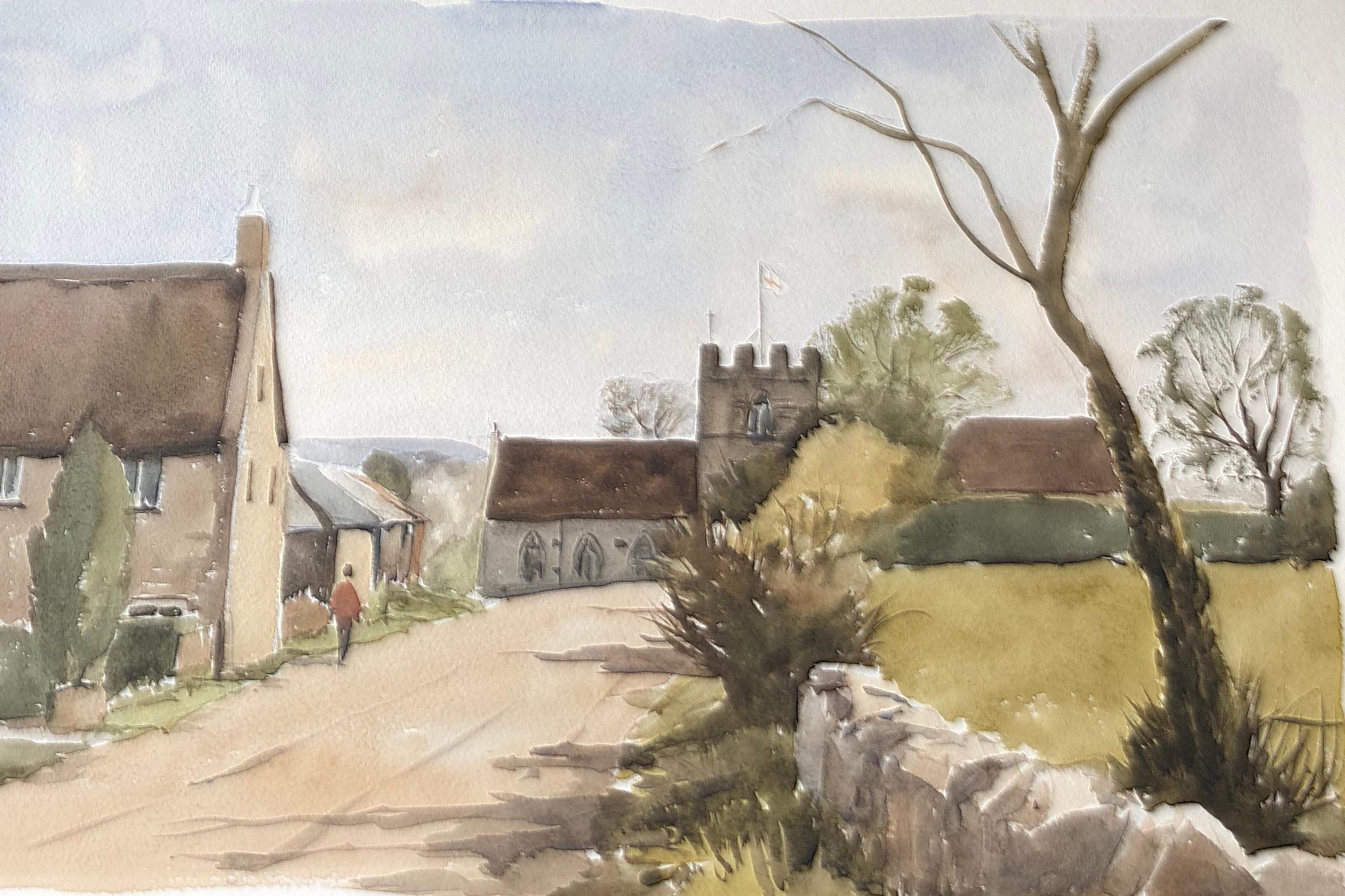 Ronald Birch Landscape Painting - Dinton Church, original British watercolour painting