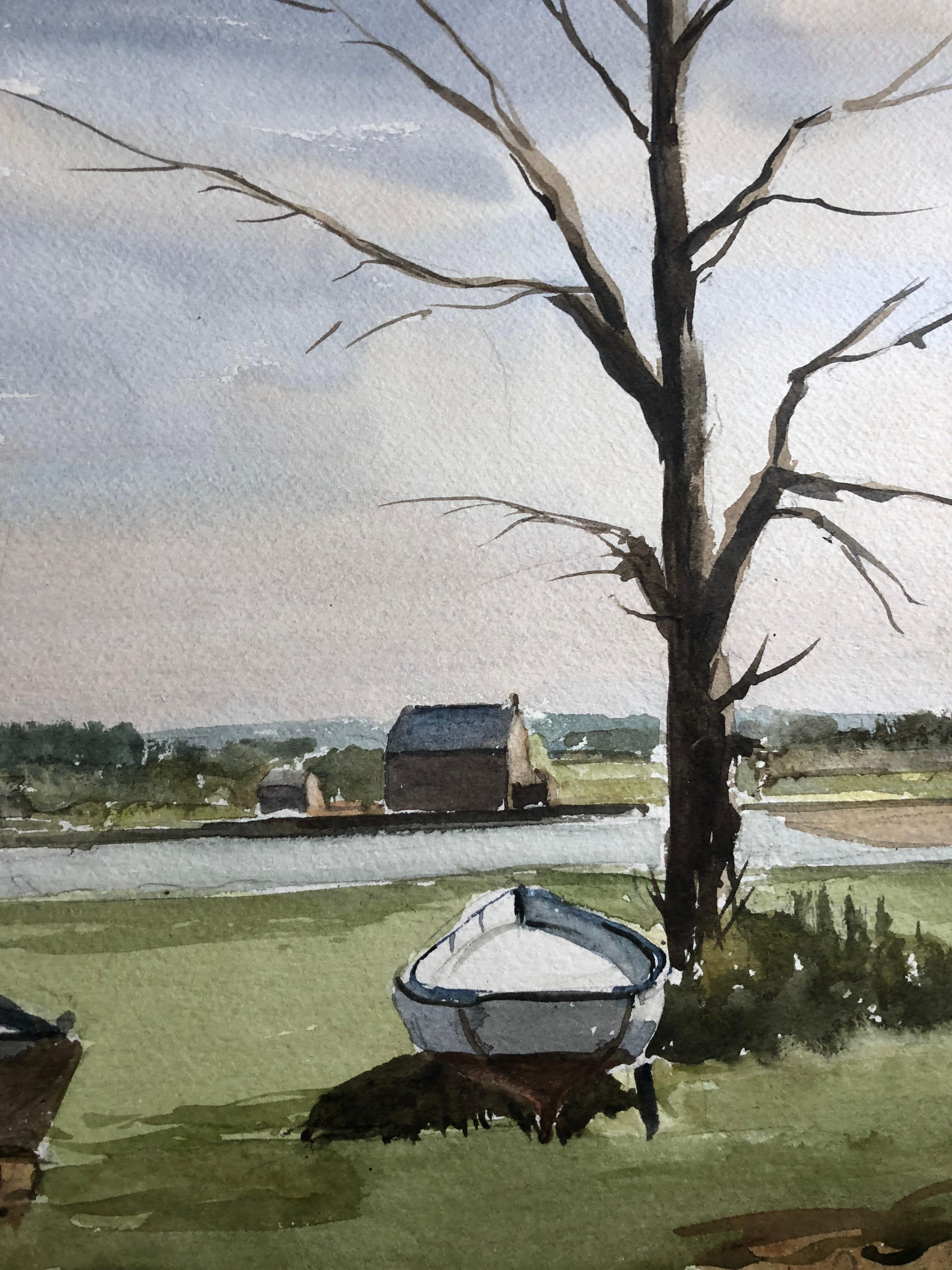 Edge of the Boatyard Yarmouth, signed original British watercolour painting - Gray Landscape Painting by Ronald Birch