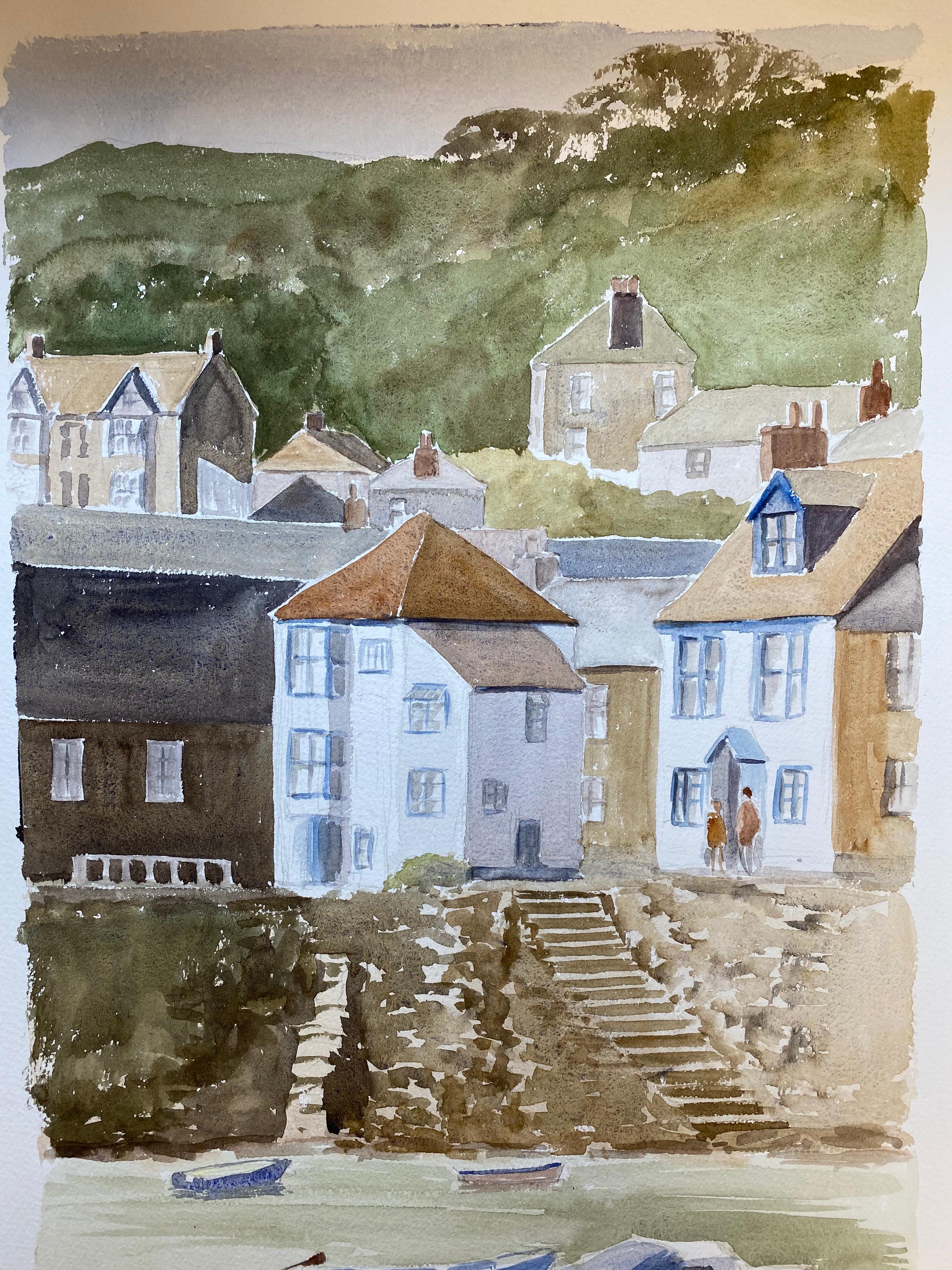 English Coastal Harbour Steps To The Sea, original British watercolour painting - Painting by Ronald Birch