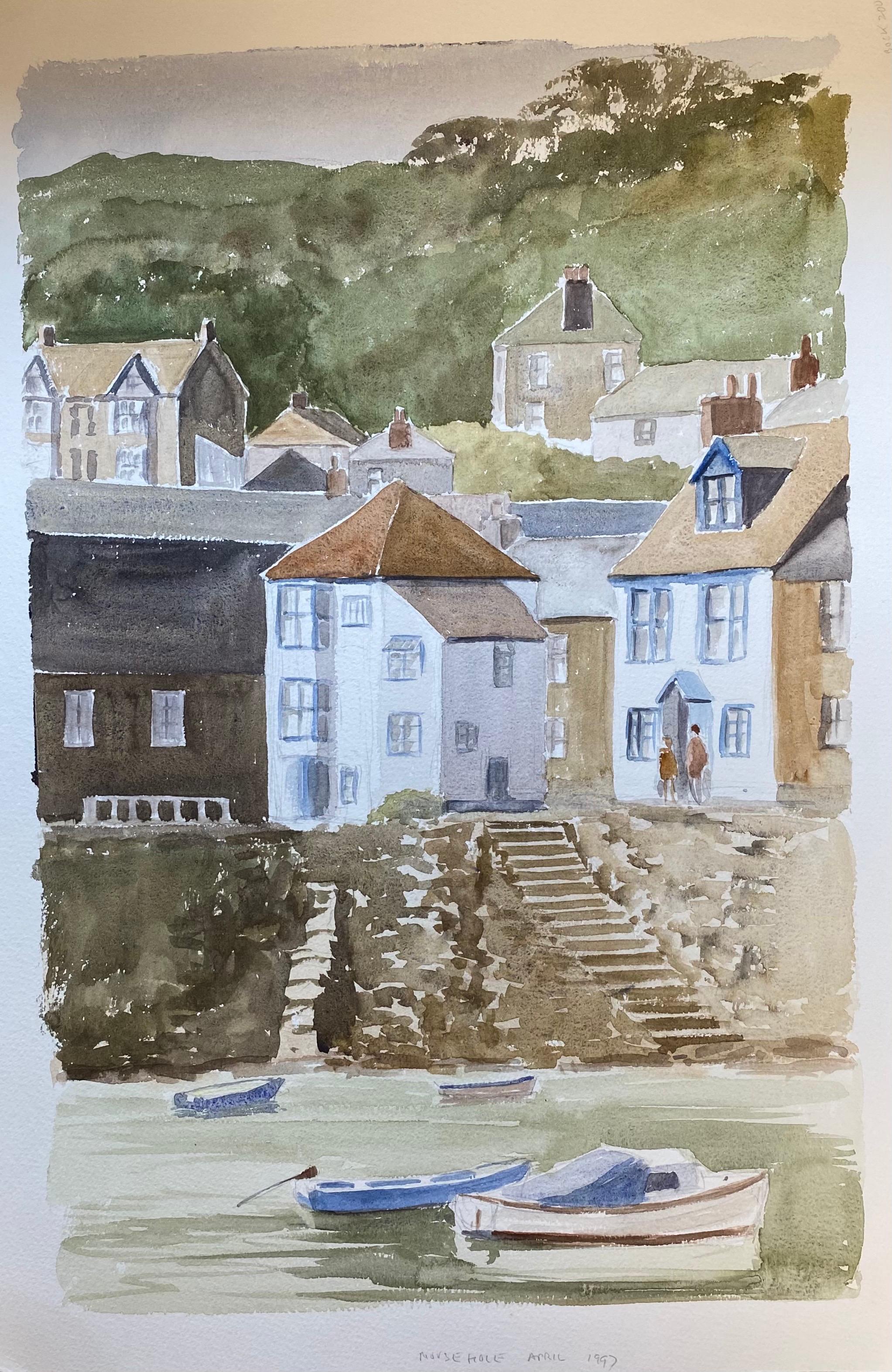 Ronald Birch Landscape Painting - English Coastal Harbour Steps To The Sea, original British watercolour painting