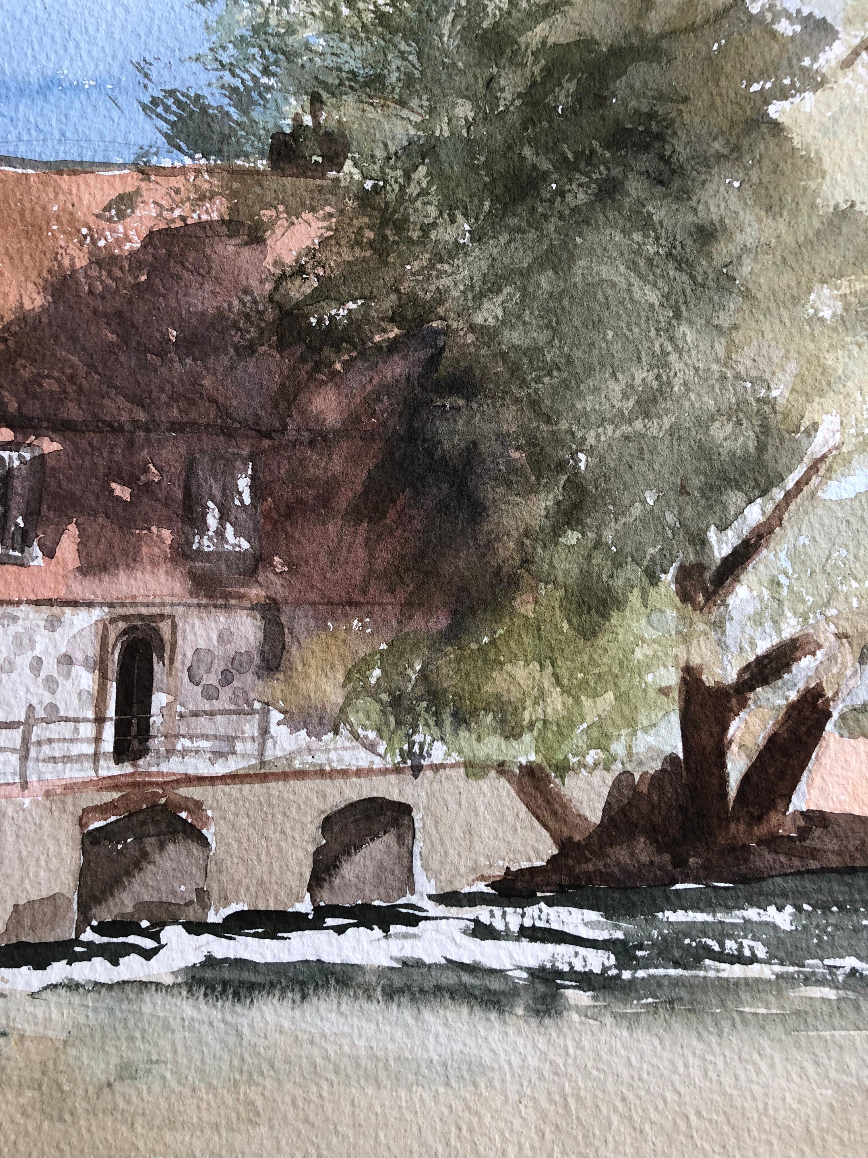 Harnham Mill, acuarela original británica - Painting Impresionista de Ronald Birch