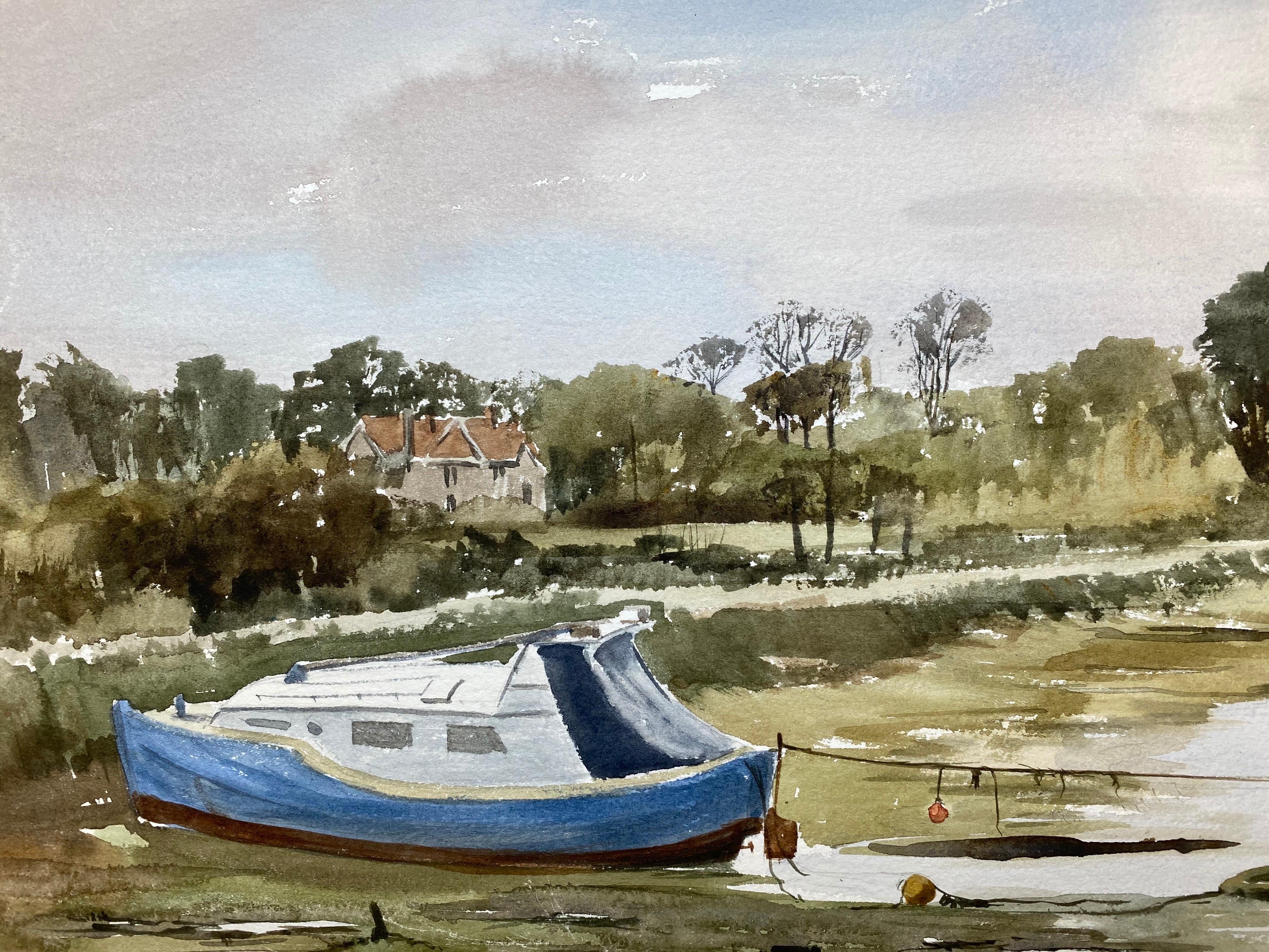 Low Tide Yarmouth Harbour – Originales britisches Aquarellgemälde (Grau), Landscape Painting, von Ronald Birch