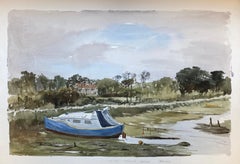 Marea baja del puerto de Yarmouth - Pintura original en acuarela británica