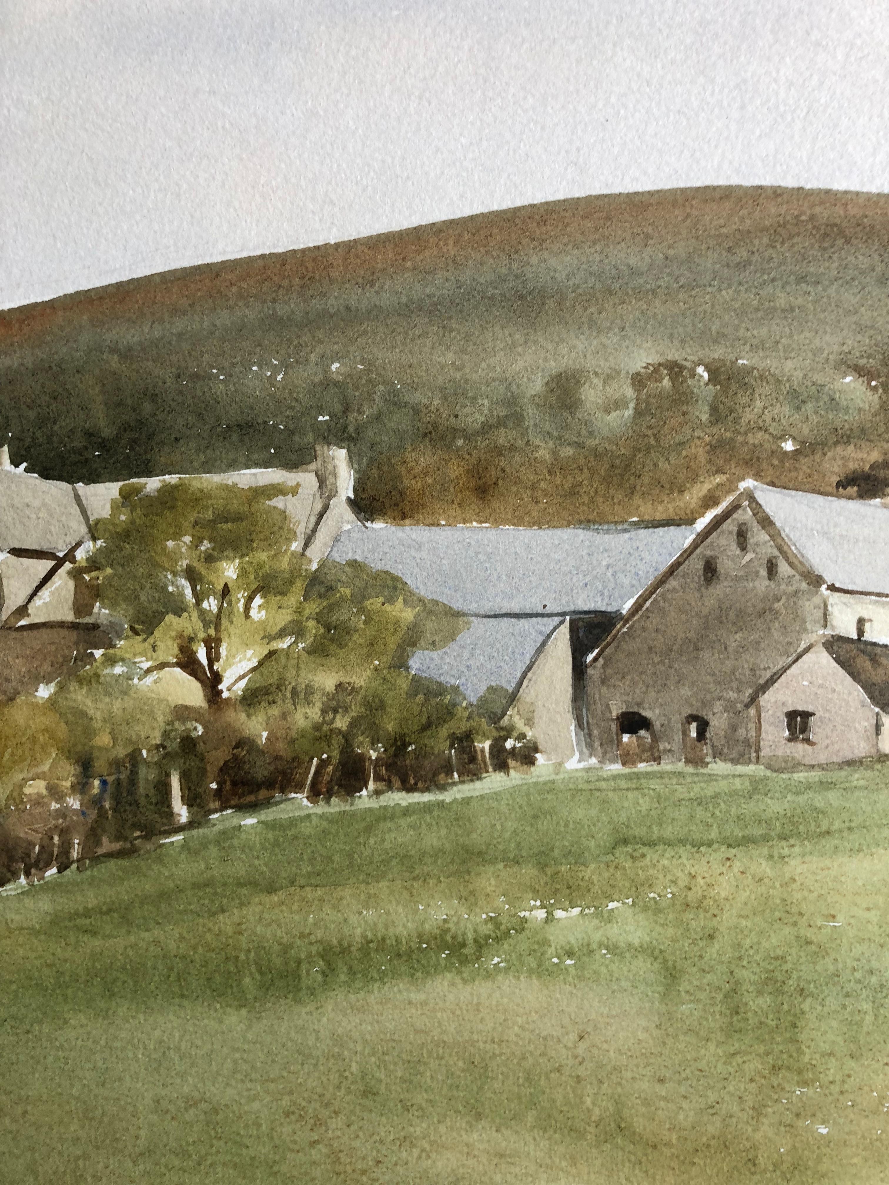 Edifici della vecchia fattoria di Carrog, acquerello originale britannico - Painting di Ronald Birch
