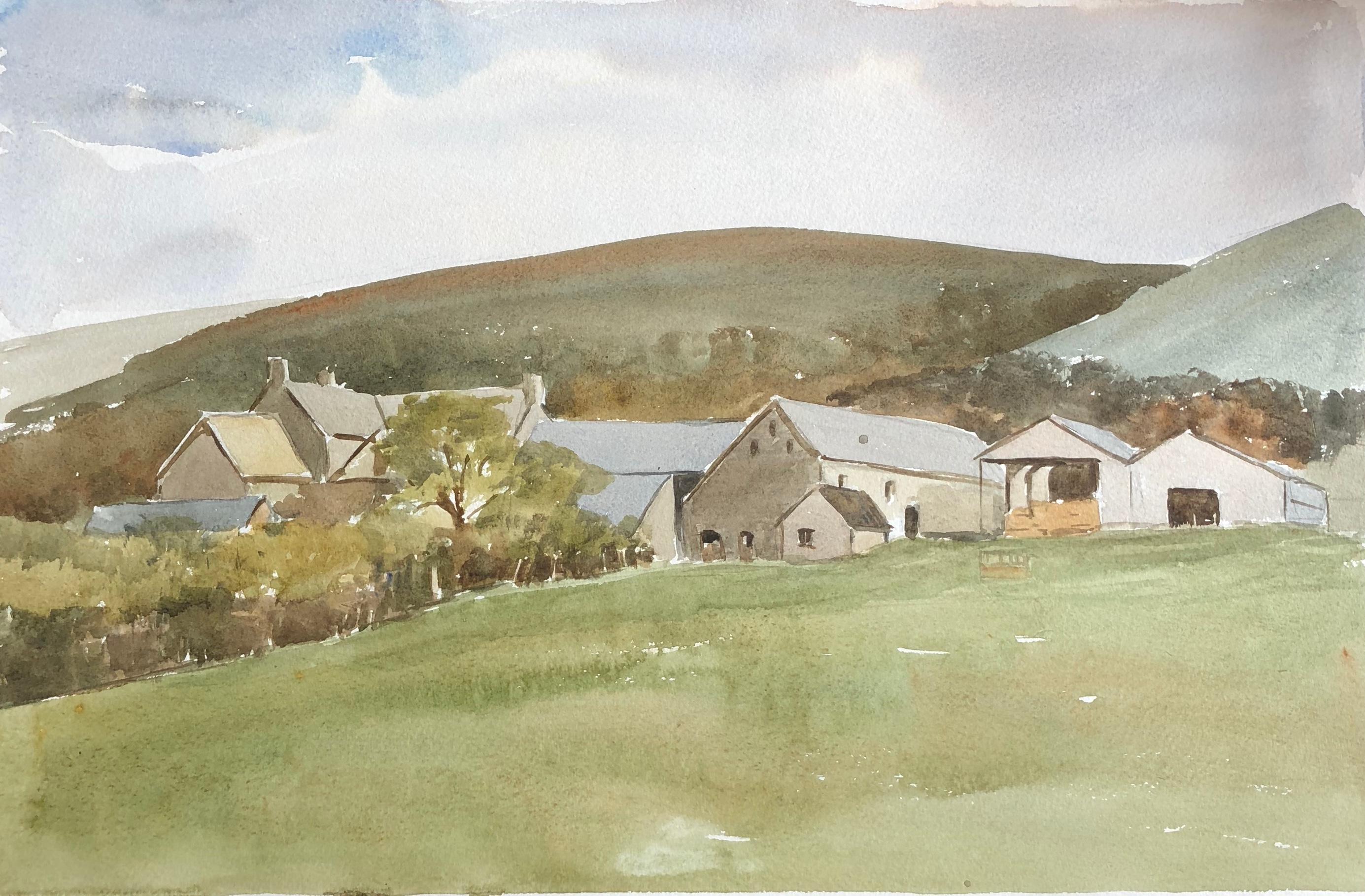 Ronald Birch Landscape Painting - Old Farm Buildings at Carrog, original British watercolour painting
