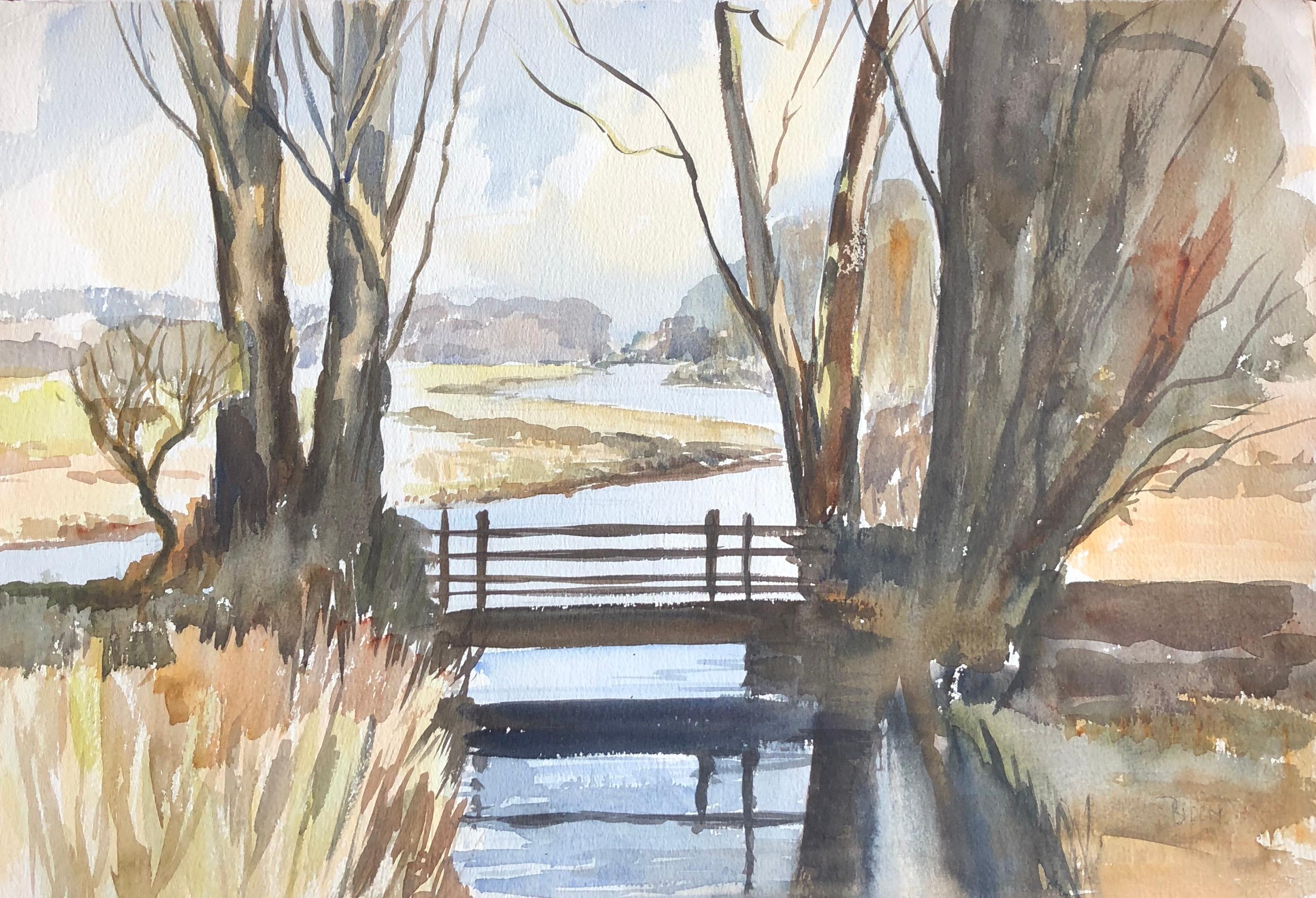 Ronald Birch Landscape Painting - River bridge, signed original British watercolour painting