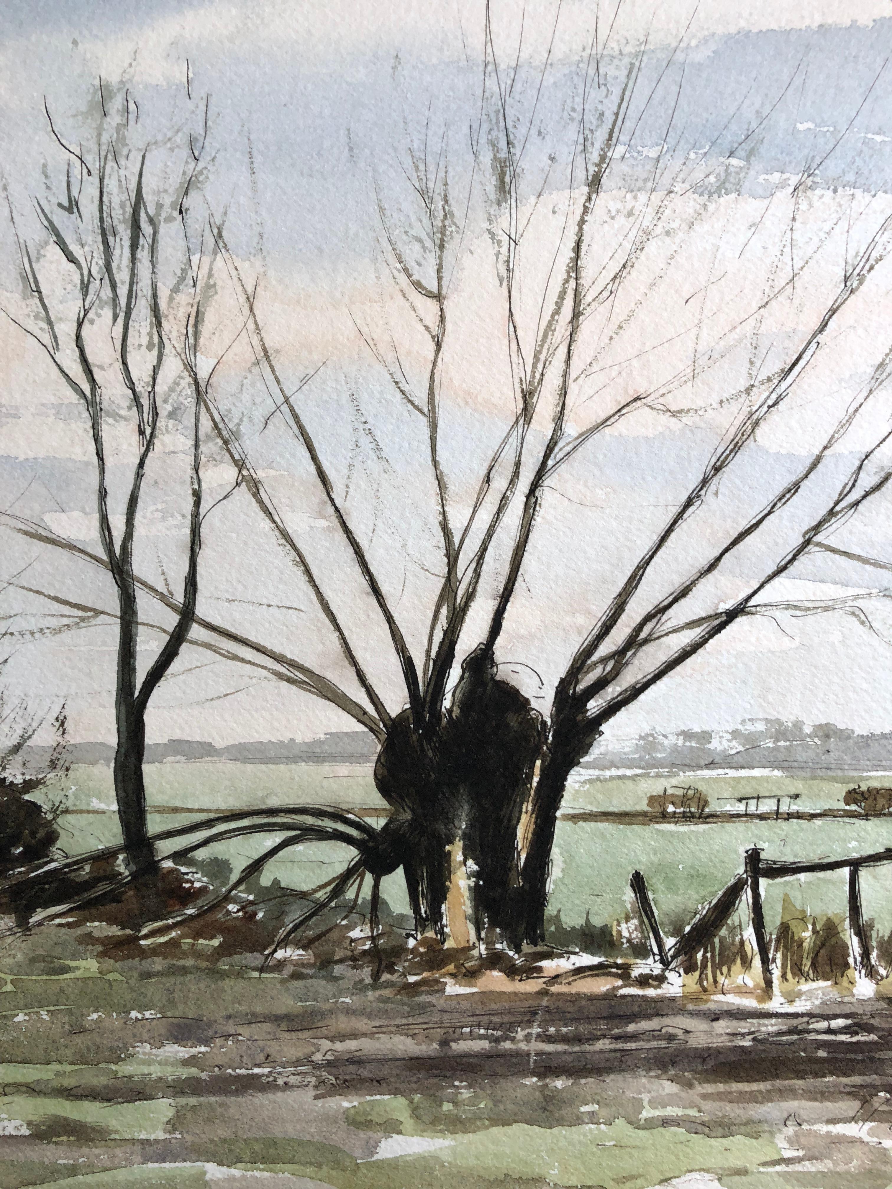 River Tree Scene, original British watercolour painting - Painting by Ronald Birch