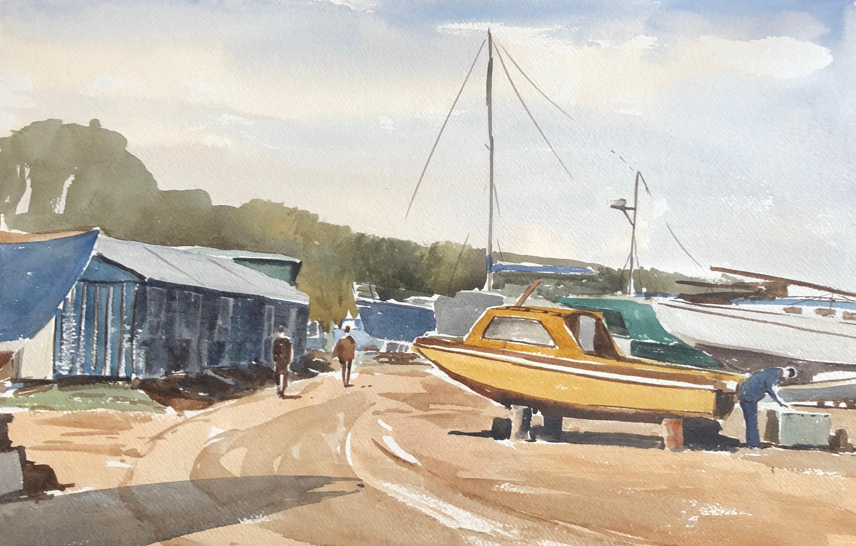Ronald Birch Landscape Painting - River Yar Boatyard, original British watercolour painting