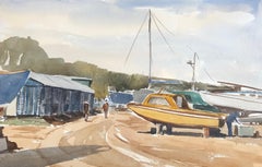 Vintage River Yar Boatyard, original British watercolour painting