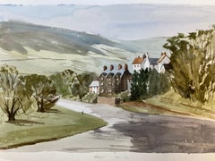 Peinture à l'aquarelle britannique originale de paysage rural d'un village anglais signée