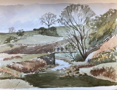 Peinture à l'aquarelle britannique originale de paysage rural en bord de rivière